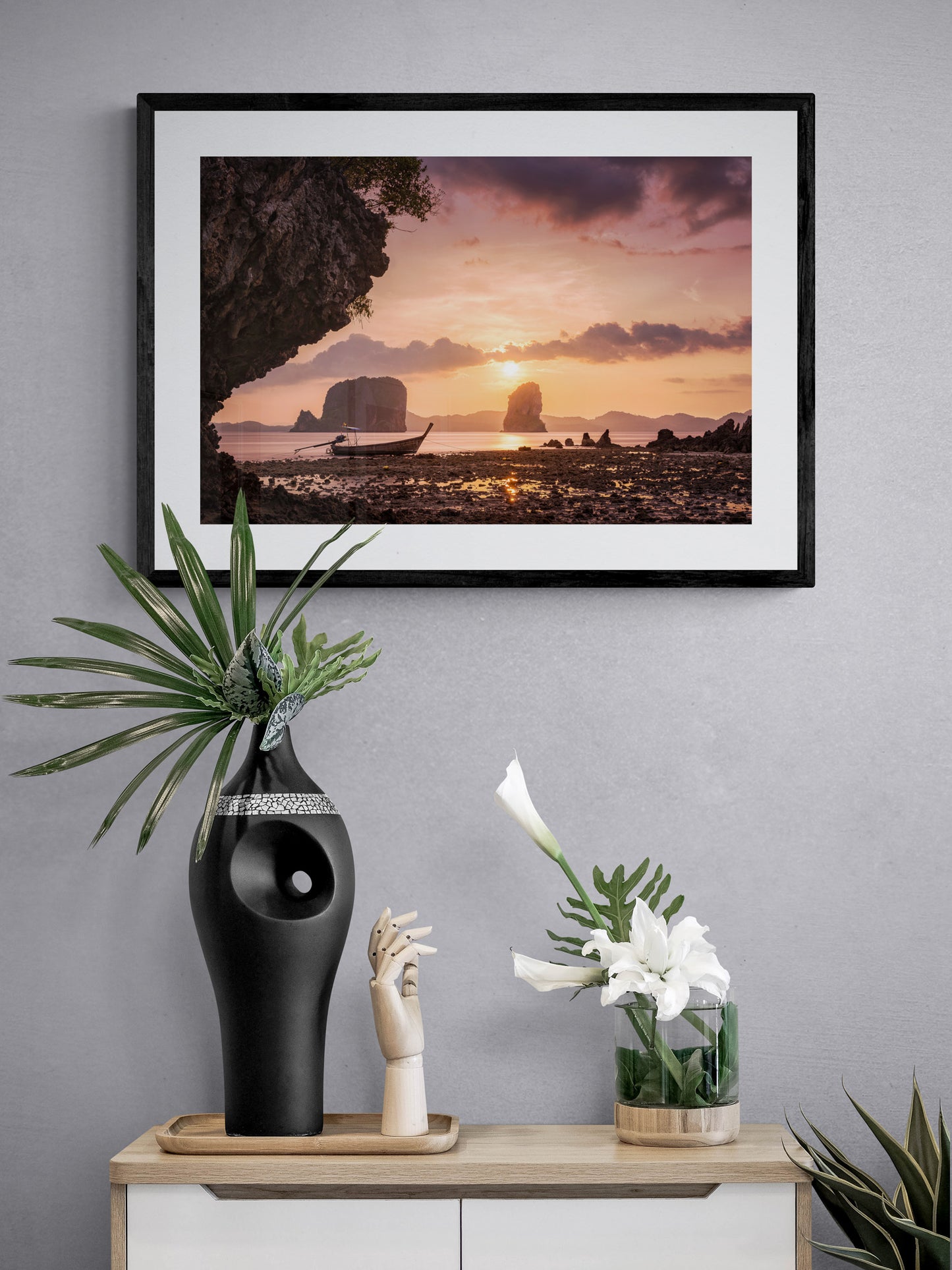 Image Title: Low Tide at Sunset Photographer: Marcus Danz Location: Ko Phak Bia, Thailand Image description: A wonderful view of Thailand's breathtaking coastal landscape and a longtail boat at sunset. High quality Fine Art print up to 36 inch / around 90 centimeters on Hahnemühle paper available. Medium variant over sideboard.
