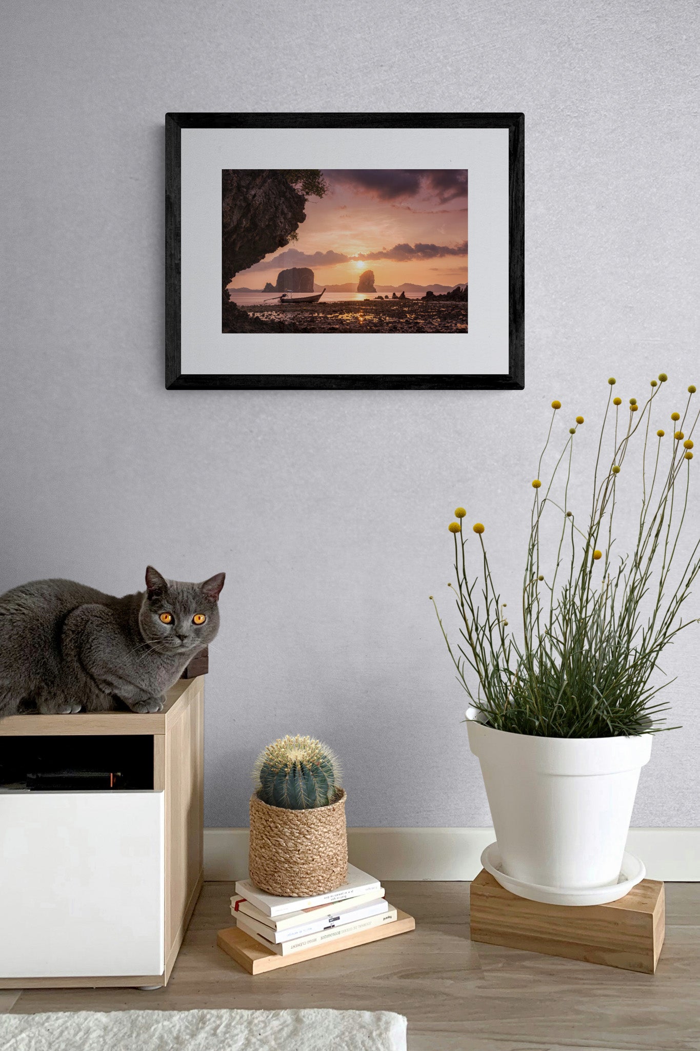 Image Title: Low Tide at Sunset Photographer: Marcus Danz Location: Ko Phak Bia, Thailand Image description: A wonderful view of Thailand's breathtaking coastal landscape and a longtail boat at sunset. High quality Fine Art print up to 36 inch / around 90 centimeters on Hahnemühle paper available. Small variant in living room.