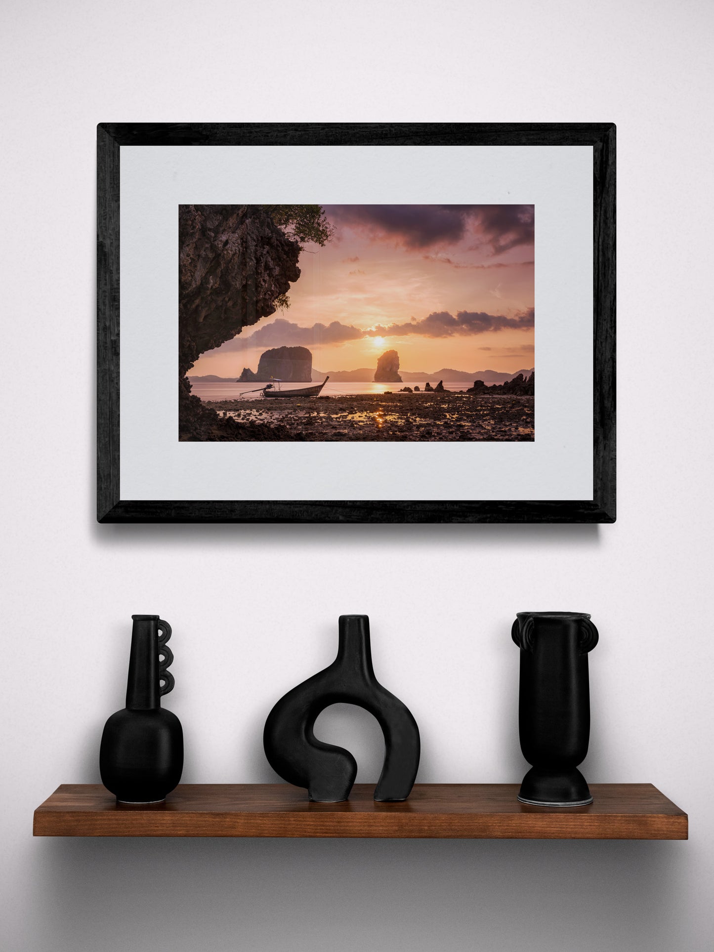 Image Title: Low Tide at Sunset Photographer: Marcus Danz Location: Ko Phak Bia, Thailand Image description: A wonderful view of Thailand's breathtaking coastal landscape and a longtail boat at sunset. High quality Fine Art print up to 36 inch / around 90 centimeters on Hahnemühle paper available. Small variant over shelf.