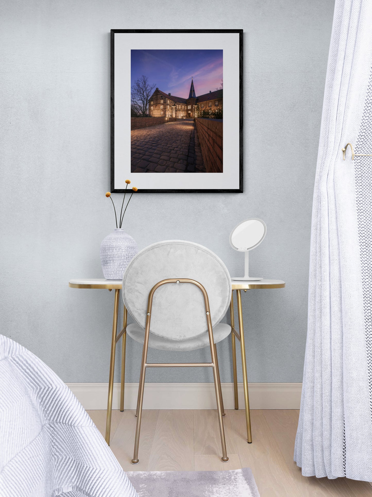 Image Title: Light the Castle Photographer: Marcus Danz Location: Lüdinghausen, Germany Image description: Lüdinghausen Castle is beautifully illuminated on this mild spring evening. High quality Fine Art print up to 36 inch / around 90 centimeters on Hahnemühle paper available. Medium variant in bedroom.