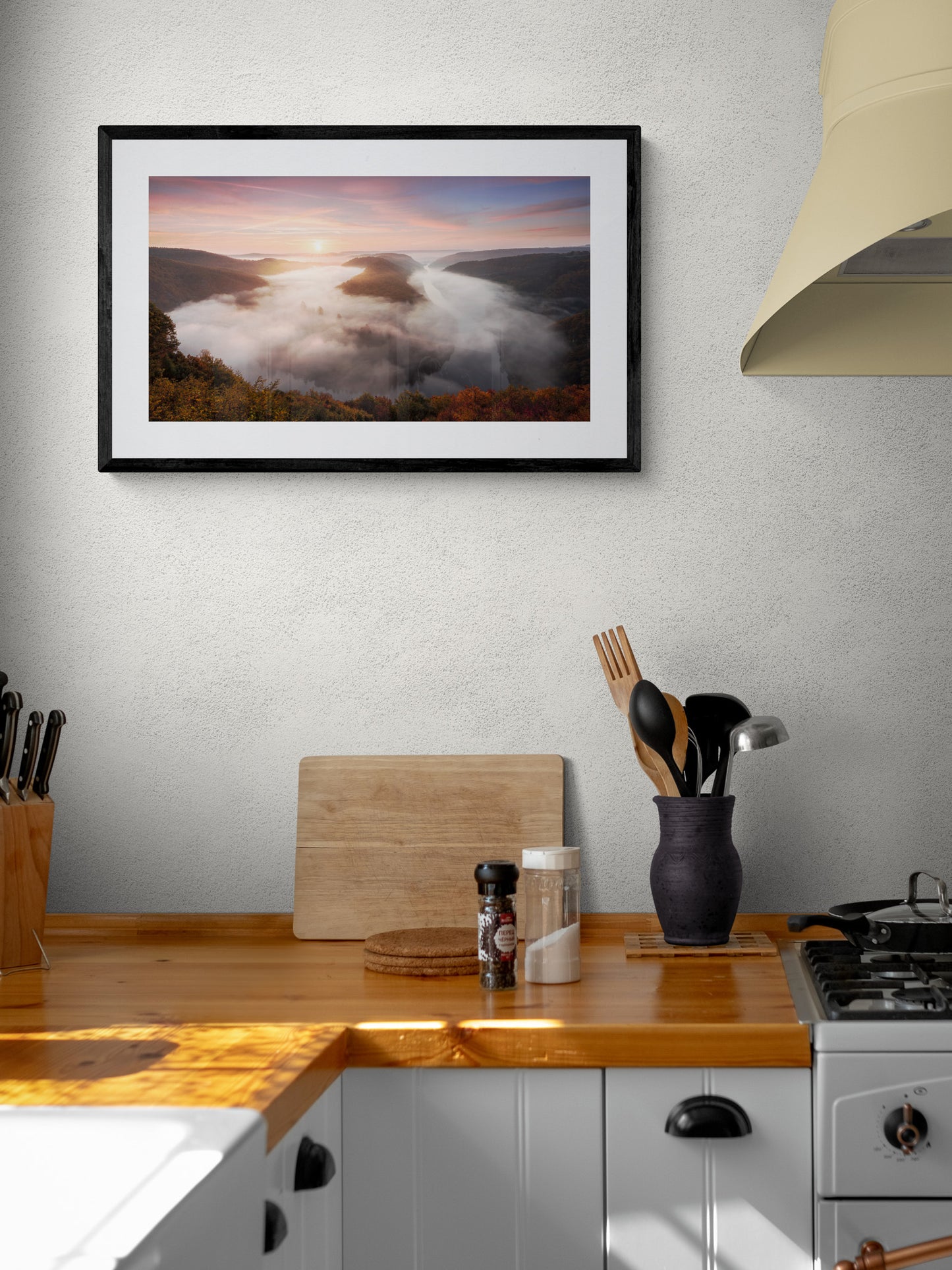 Image Title: The foggy Loop Photographer: Marcus Danz Location: Mettlach, Germany Image description: Mysterious morning fog drifts silently through Mettlach’s Saar loop, partly lit by the warm light of the rising sun. High quality Fine Art print up to 36 inch / around 90 centimeters on Hahnemühle paper available. Medium variant in kitchen.