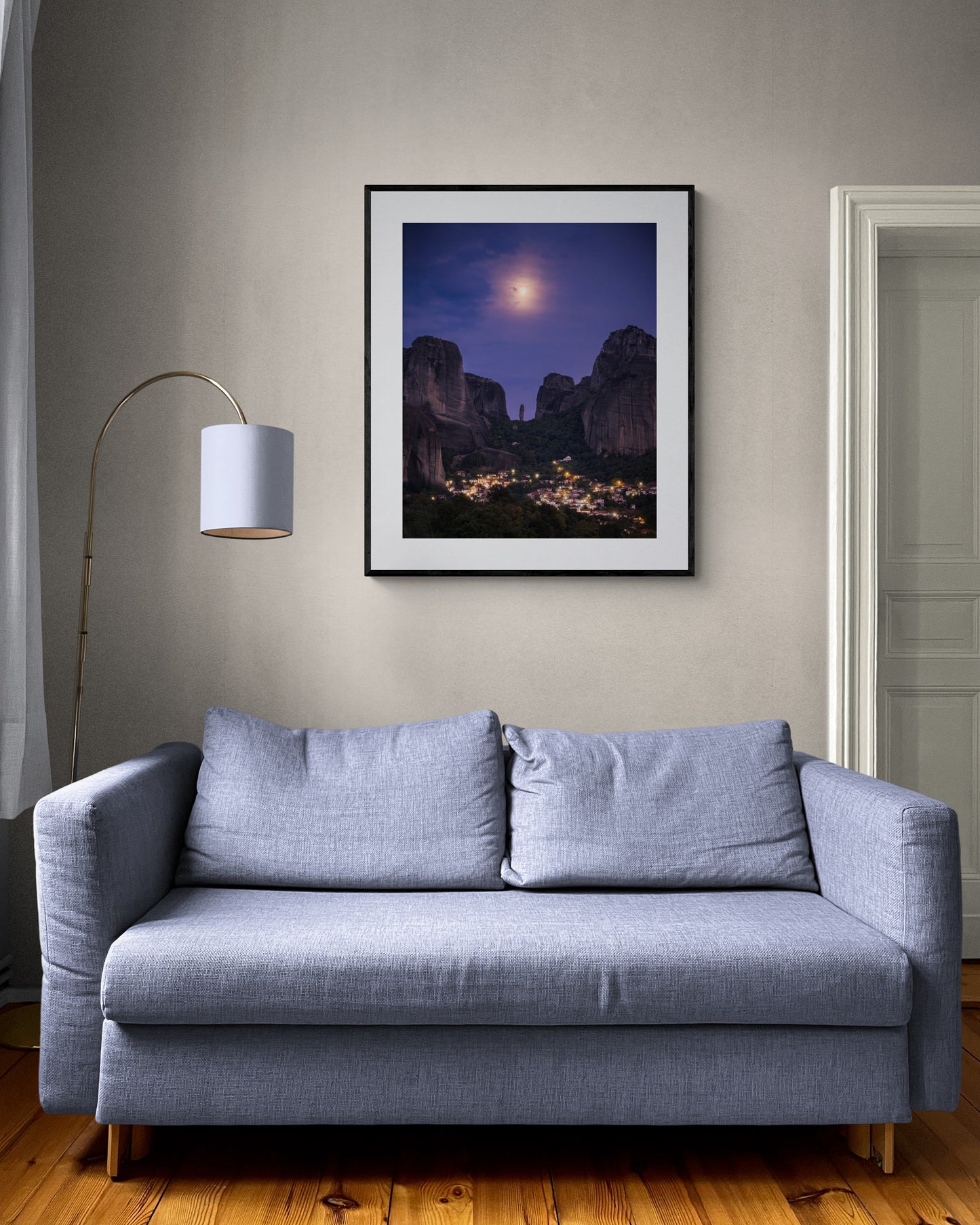 Image Title: The Night Watch Photographer: Marcus Danz Location: Kastraki, Greece Image description: Supported by the full moon, an imposing rock needle seems to watch over the Greek village of Kastraki. High quality Fine Art print up to 36 inch / around 90 centimeters on Hahnemühle paper available. Large variant in living room.