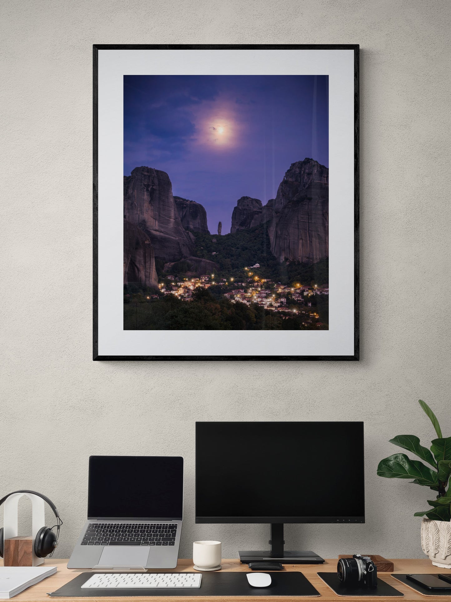 Image Title: The Night Watch Photographer: Marcus Danz Location: Kastraki, Greece Image description: Supported by the full moon, an imposing rock needle seems to watch over the Greek village of Kastraki. High quality Fine Art print up to 36 inch / around 90 centimeters on Hahnemühle paper available. Large variant over computer desk.