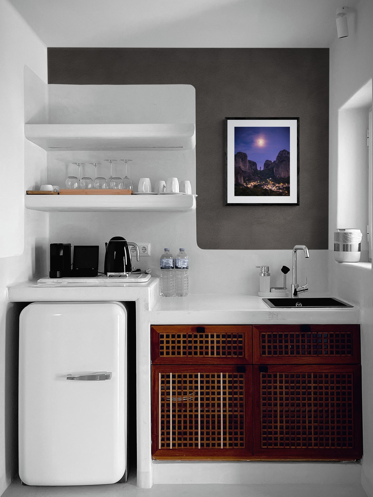 Image Title: The Night Watch Photographer: Marcus Danz Location: Kastraki, Greece Image description: Supported by the full moon, an imposing rock needle seems to watch over the Greek village of Kastraki. High quality Fine Art print up to 36 inch / around 90 centimeters on Hahnemühle paper available. Medium variant in kitchen.