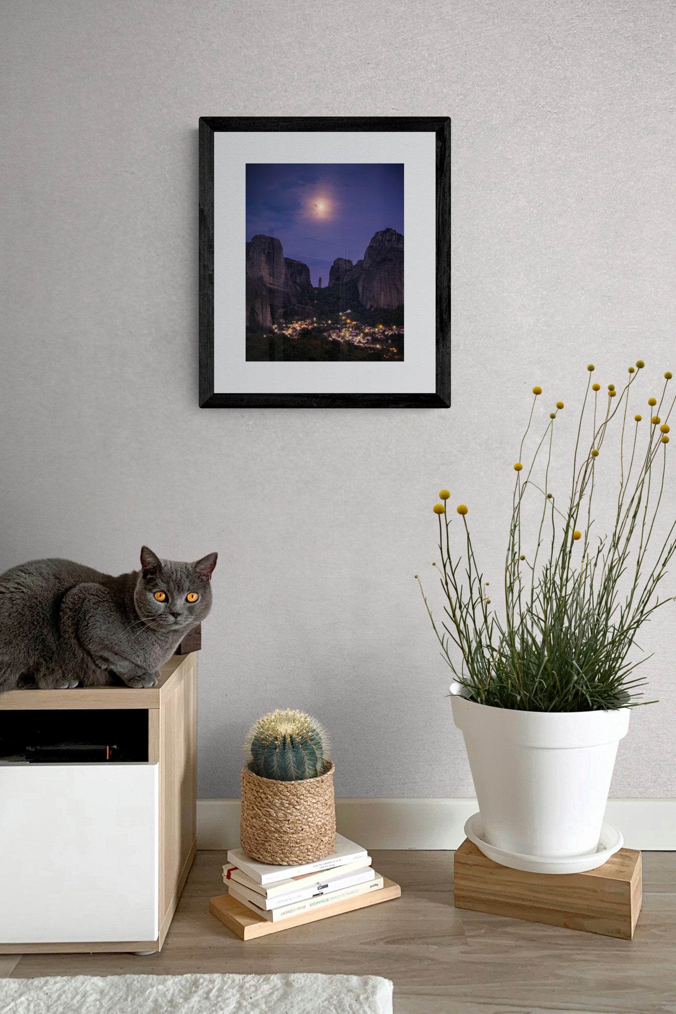 Image Title: The Night Watch Photographer: Marcus Danz Location: Kastraki, Greece Image description: Supported by the full moon, an imposing rock needle seems to watch over the Greek village of Kastraki. High quality Fine Art print up to 36 inch / around 90 centimeters on Hahnemühle paper available. Small variant in living room.