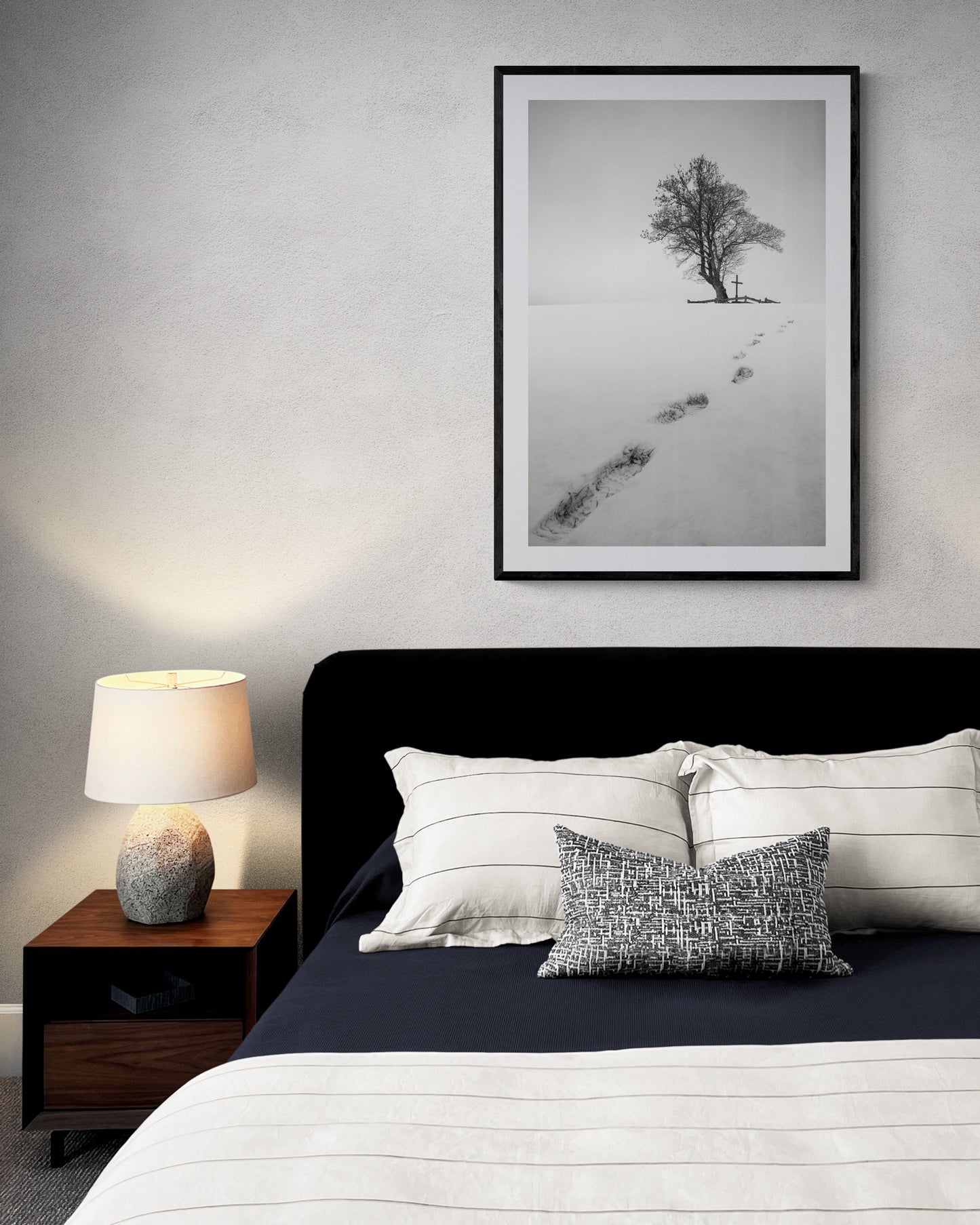 Image Title: The path before you Photographer: Marcus Danz Location: Billerbeck, Germany Image description: Footprints in the snow lead up a hill to a group of trees with a cross. High quality Fine Art print up to 36 inch / around 90 centimeters on Hahnemühle paper available. Large variant in bedroom.