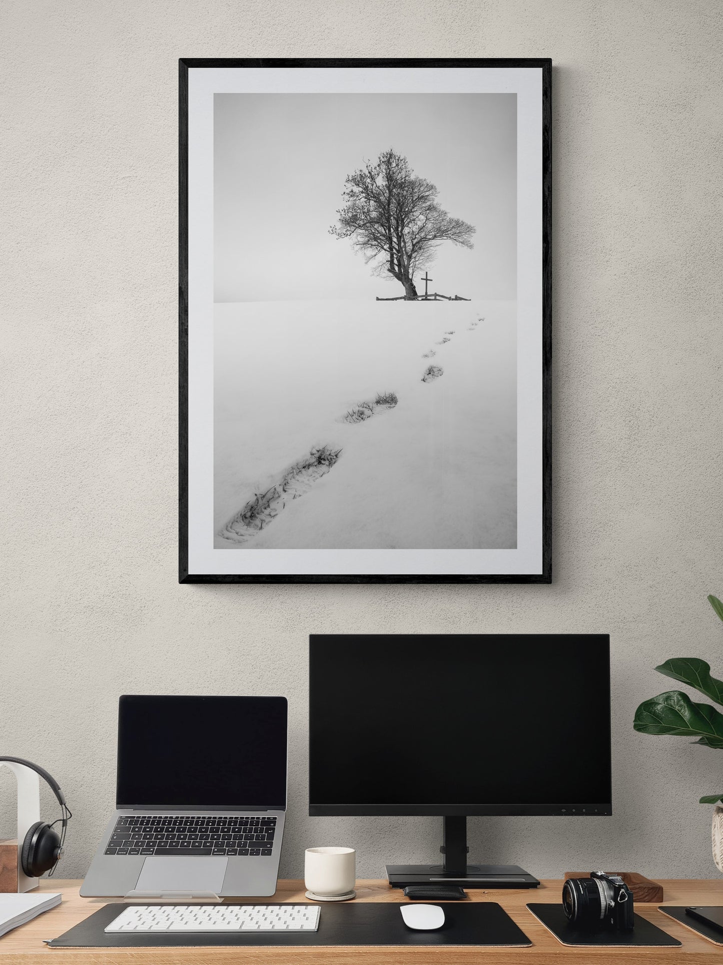 Image Title: The path before you Photographer: Marcus Danz Location: Billerbeck, Germany Image description: Footprints in the snow lead up a hill to a group of trees with a cross. High quality Fine Art print up to 36 inch / around 90 centimeters on Hahnemühle paper available. Large variant over computer desk.
