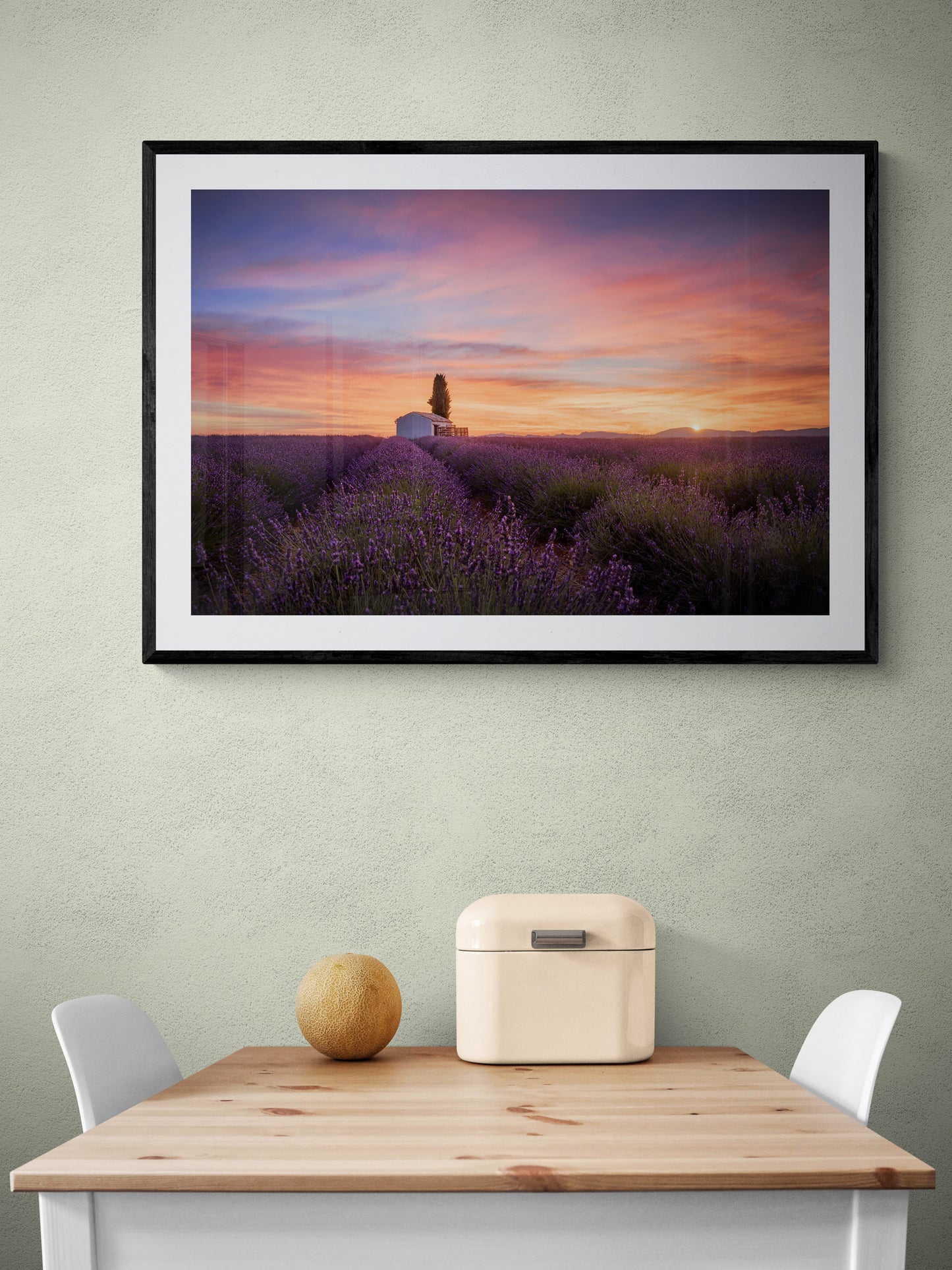 Image Title: A provencal cliche Photographer: Marcus Danz Location: Valensole, France Image description: In the French Provence a spectacular sunrise unfolds over Valensole‘s lush lavender fields. High quality Fine Art print up to 36 inch / around 90 centimeters on Hahnemühle paper available. Large variant over kitchen table.
