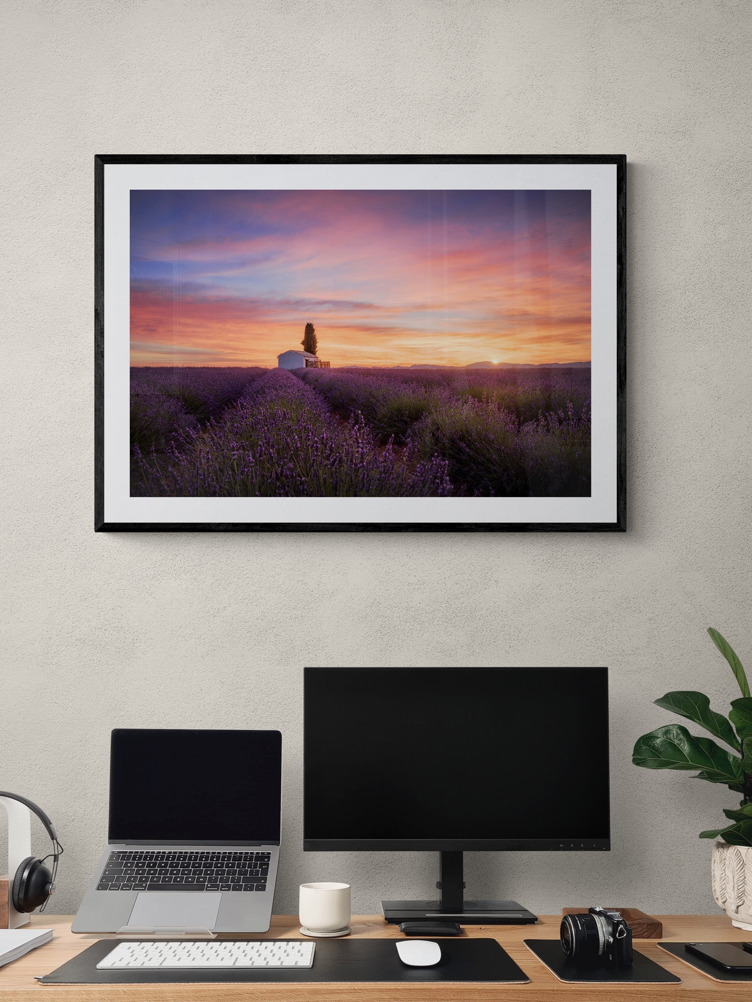 Image Title: A provencal cliche Photographer: Marcus Danz Location: Valensole, France Image description: In the French Provence a spectacular sunrise unfolds over Valensole‘s lush lavender fields. High quality Fine Art print up to 36 inch / around 90 centimeters on Hahnemühle paper available. Large variant at computer desk.