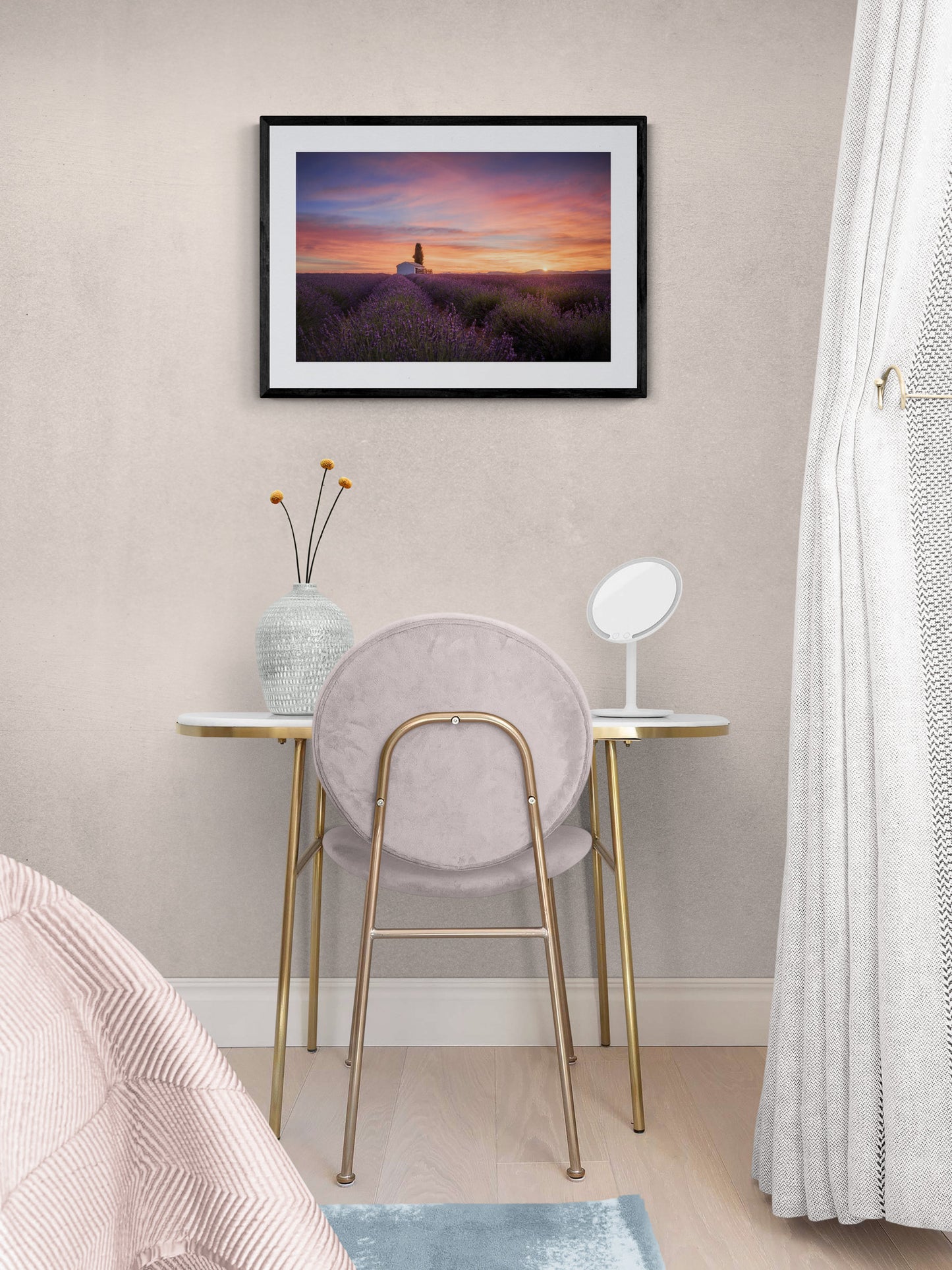 Image Title: A provencal cliche Photographer: Marcus Danz Location: Valensole, France Image description: In the French Provence a spectacular sunrise unfolds over Valensole‘s lush lavender fields. High quality Fine Art print up to 36 inch / around 90 centimeters on Hahnemühle paper available. Medium variant at bedroom.