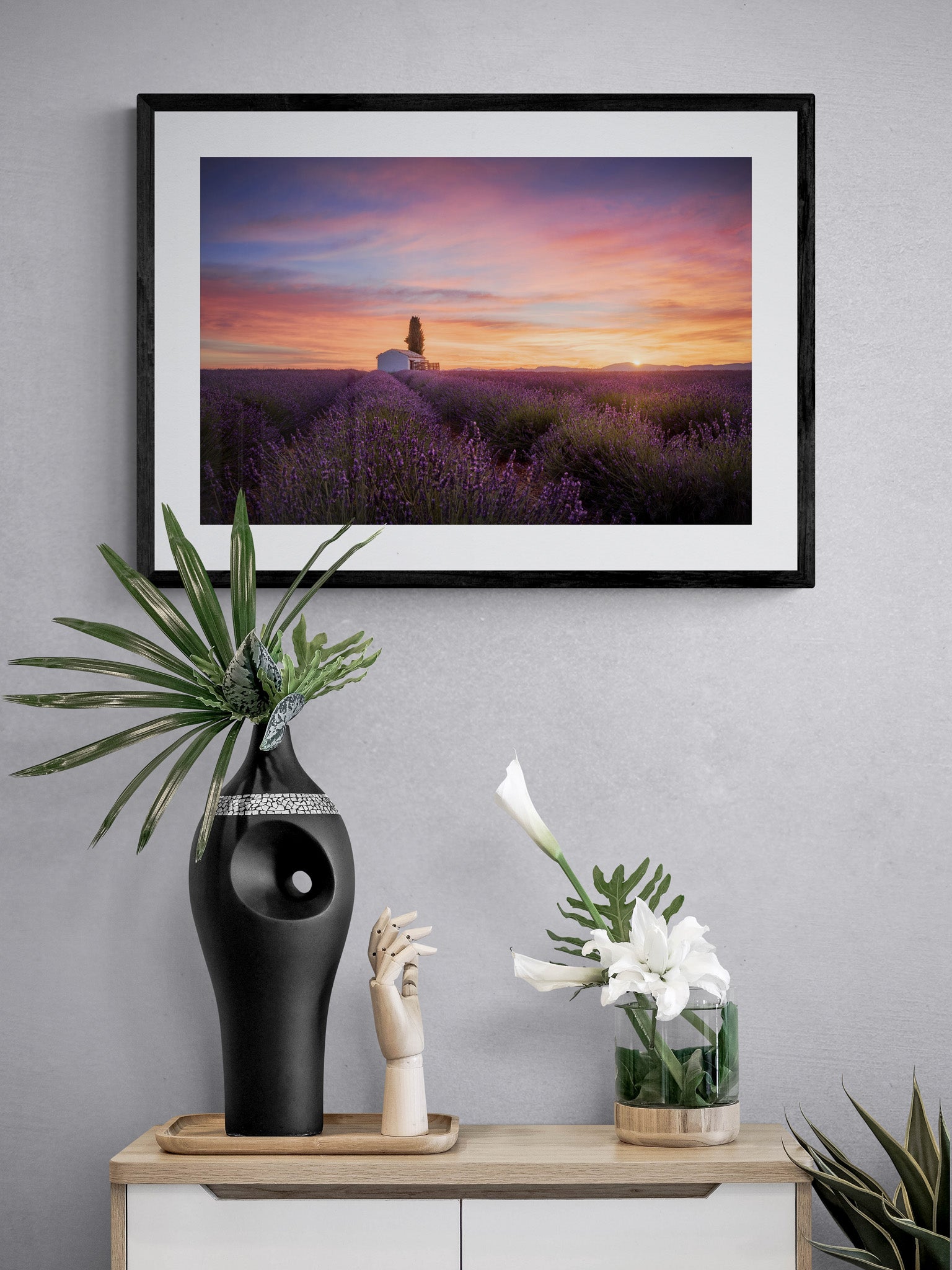 Image Title: A provencal cliche Photographer: Marcus Danz Location: Valensole, France Image description: In the French Provence a spectacular sunrise unfolds over Valensole‘s lush lavender fields. High quality Fine Art print up to 36 inch / around 90 centimeters on Hahnemühle paper available. Medium variant over sideboard.