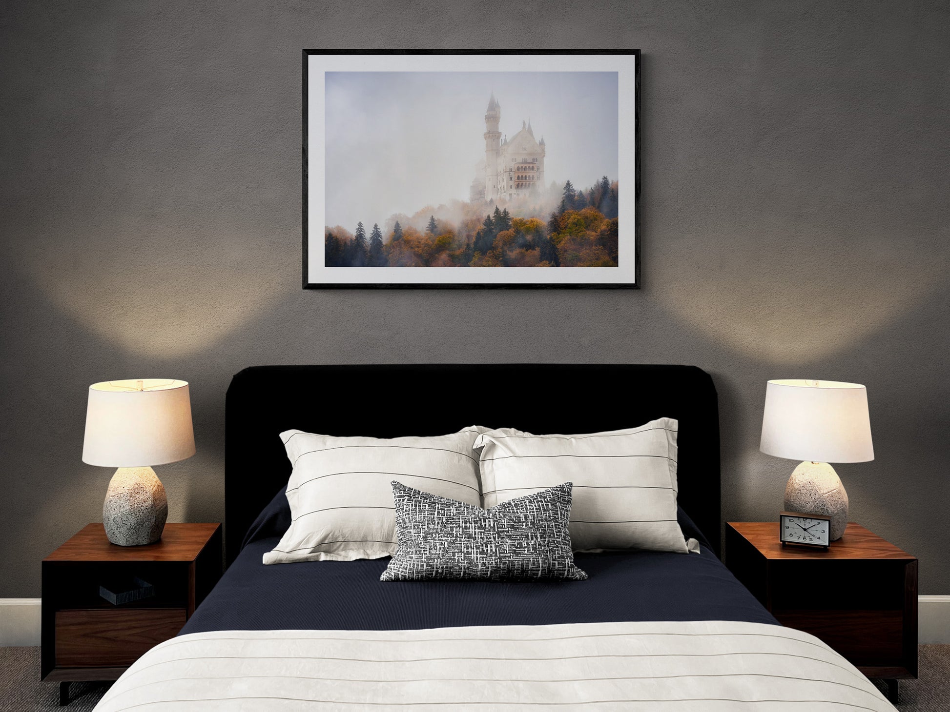 Image Title: Autumn under Neuschwanstein Photographer: Marcus Danz Location: Schwangau, Germany Image description: Shrouded in mist, Neuschwanstein Castle towers majestically above the autumnly colored woods. High quality Fine Art print up to 36 inch / around 90 centimeters on Hahnemühle paper available. Large variant in bedroom.