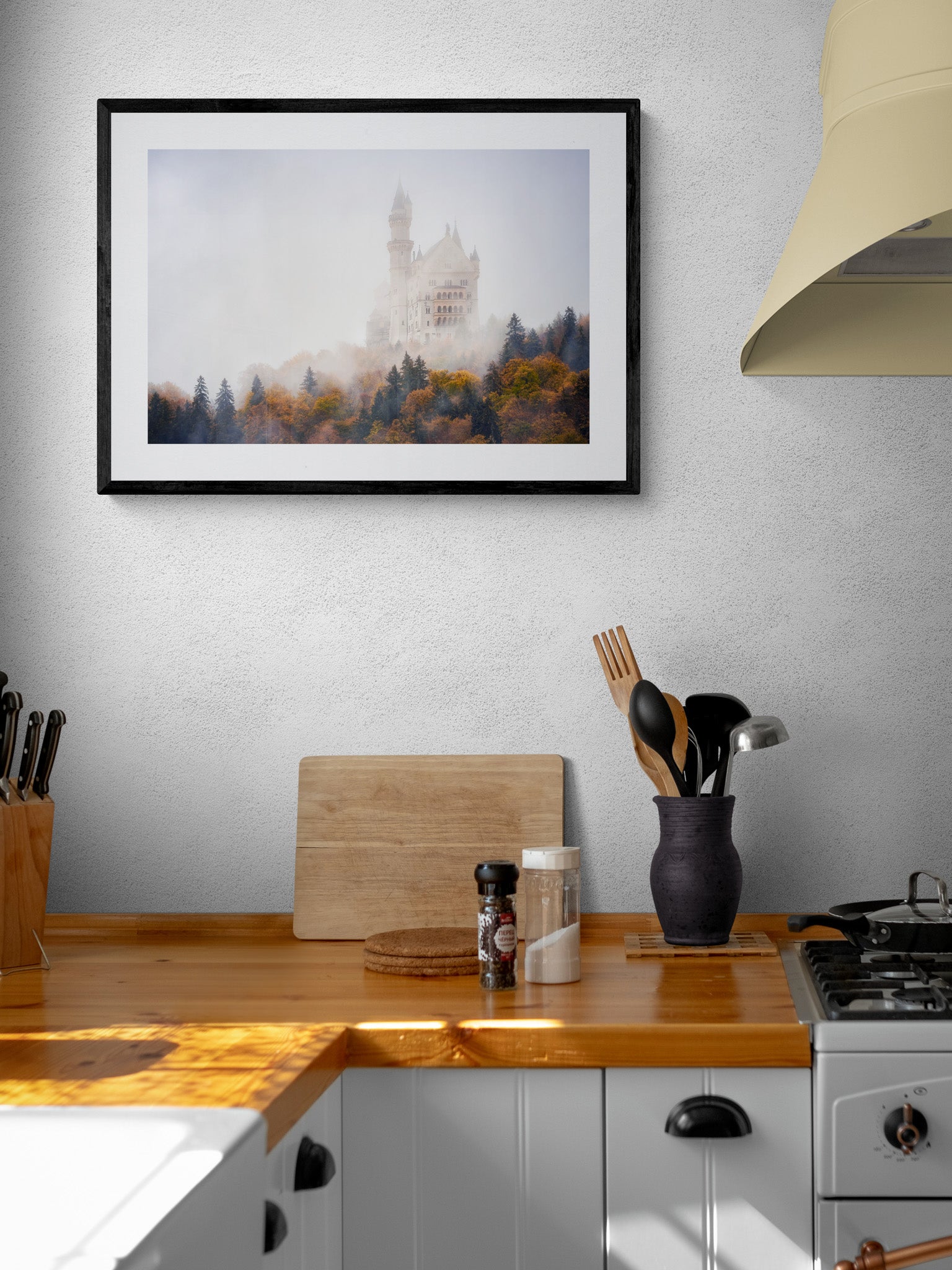 Image Title: Autumn under Neuschwanstein Photographer: Marcus Danz Location: Schwangau, Germany Image description: Shrouded in mist, Neuschwanstein Castle towers majestically above the autumnly colored woods. High quality Fine Art print up to 36 inch / around 90 centimeters on Hahnemühle paper available. Medium variant in kitchen.