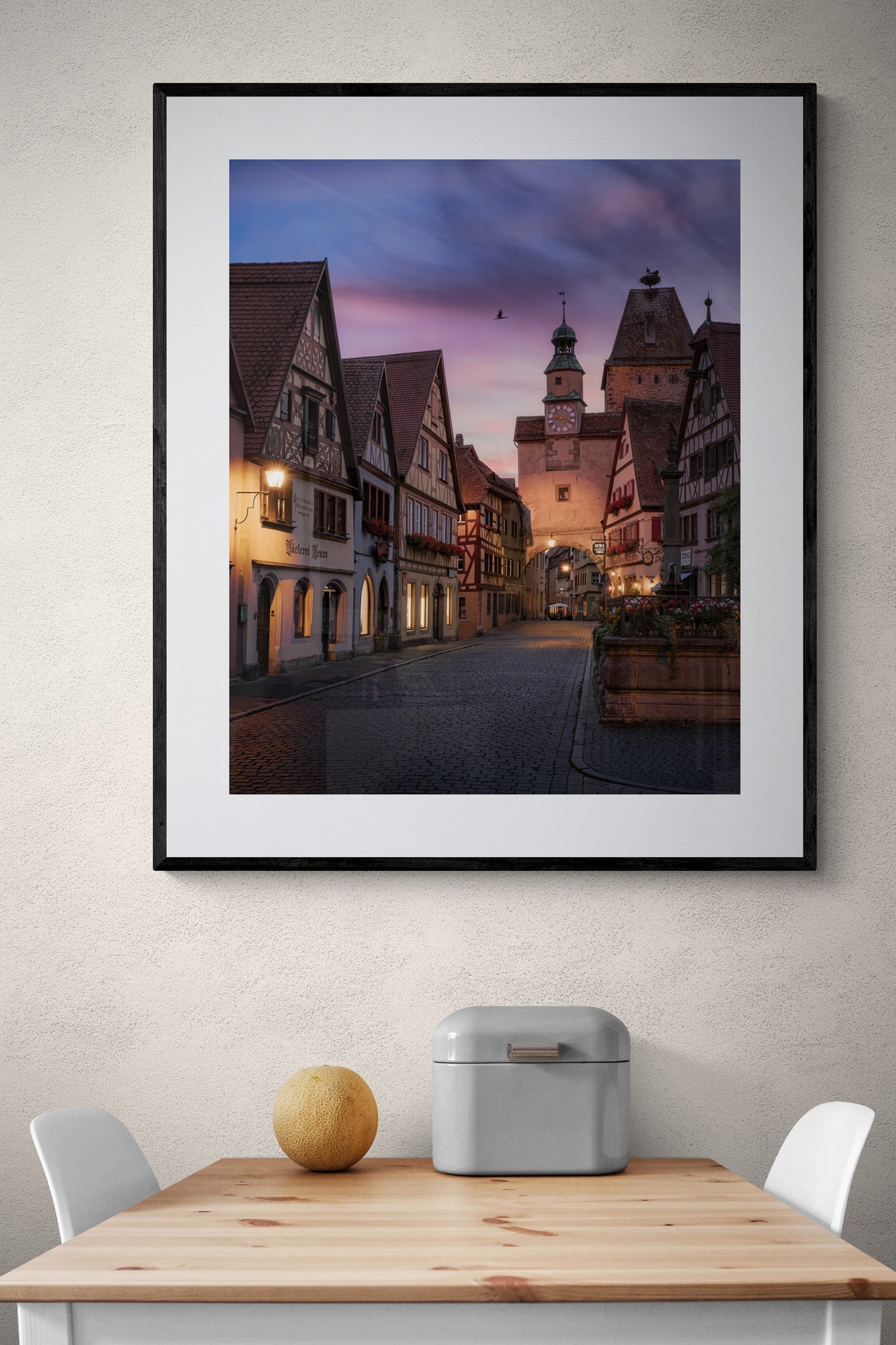 Image Title: Daddy is coming Photographer: Marcus Danz Location: Rothenburg ob der Tauber, Germany  Image description: Beautiful sunset view of the Markus Tower n the romantic town of Rothenburg ob der Tauber. High quality Fine Art print up to 36 inch / around 90 centimeters on Hahnemühle paper available. Large variant over kitchen table.