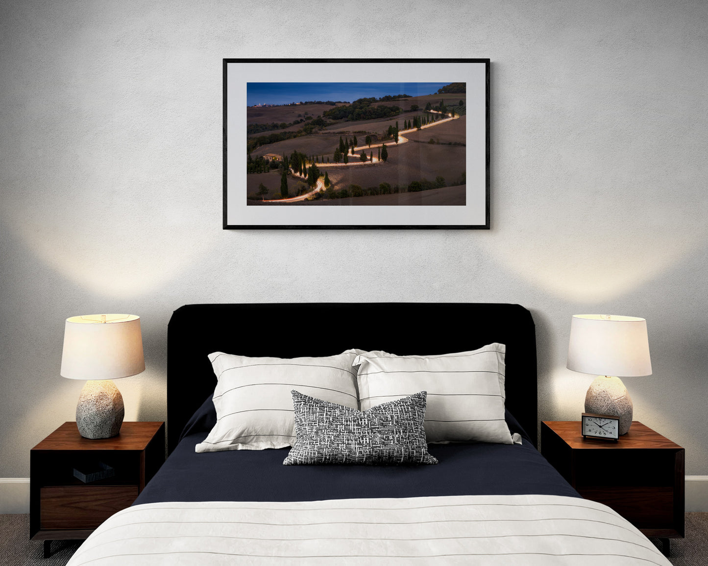 Image Title: Glowing Cypress Road Photographer: Marcus Danz Location: Monticchiello, Italy Image description: Car lights trace the winding course of one of the most beautiful cypress roads in Tuscany, Italy. High quality Fine Art print up to 36 inch / around 90 centimeters on Hahnemühle paper available. Large variant at bedroom.