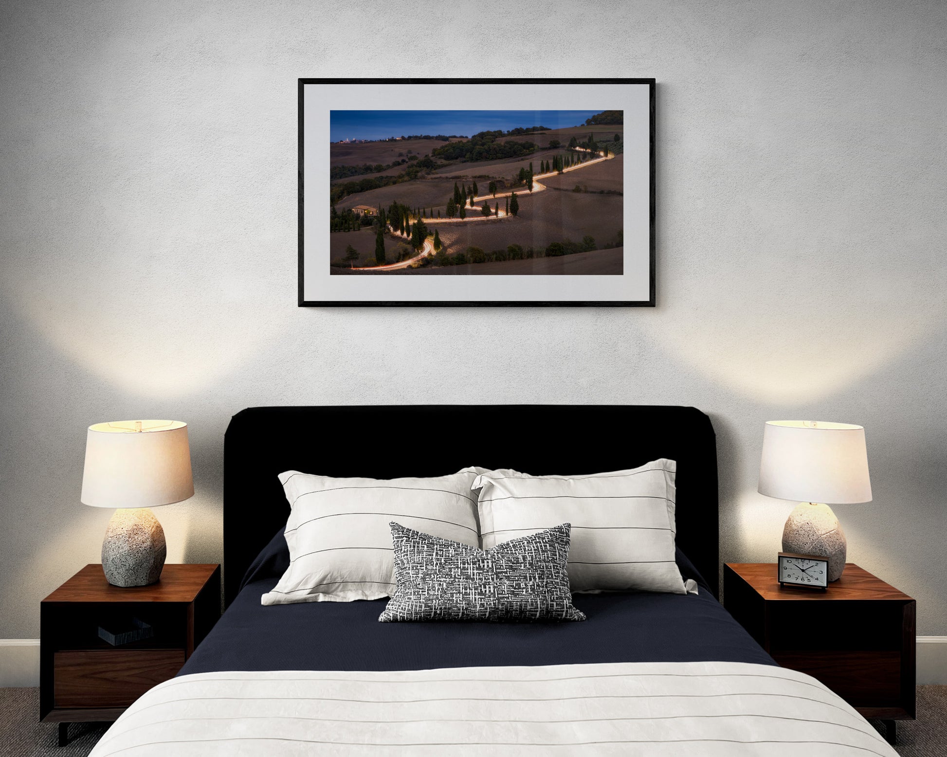 Image Title: Glowing Cypress Road Photographer: Marcus Danz Location: Monticchiello, Italy Image description: Car lights trace the winding course of one of the most beautiful cypress roads in Tuscany, Italy. High quality Fine Art print up to 36 inch / around 90 centimeters on Hahnemühle paper available. Large variant at bedroom.