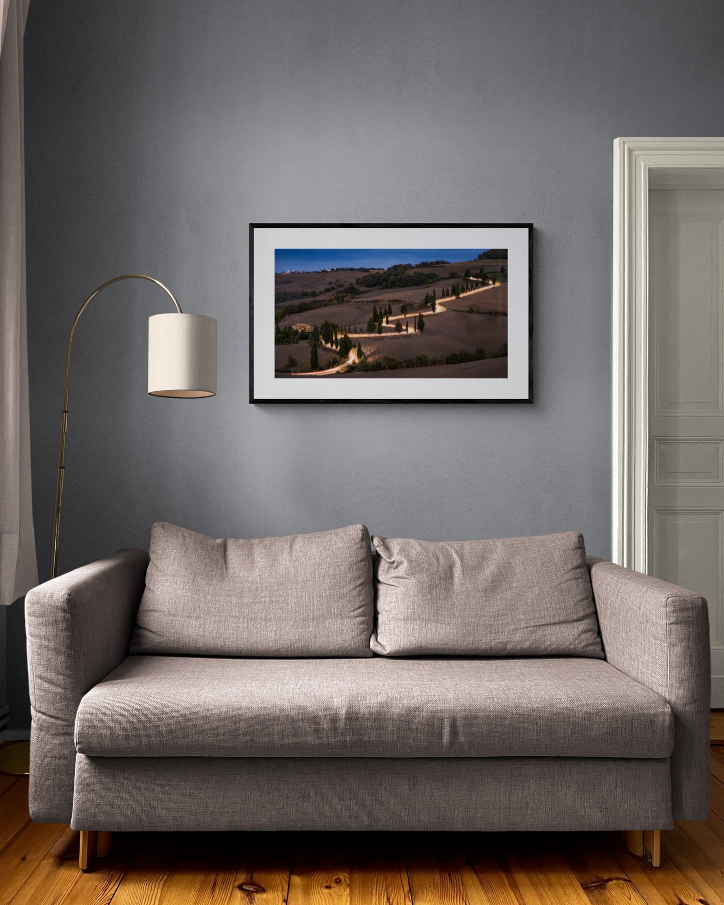 Image Title: Glowing Cypress Road Photographer: Marcus Danz Location: Monticchiello, Italy Image description: Car lights trace the winding course of one of the most beautiful cypress roads in Tuscany, Italy. High quality Fine Art print up to 36 inch / around 90 centimeters on Hahnemühle paper available. Large variant in living room.