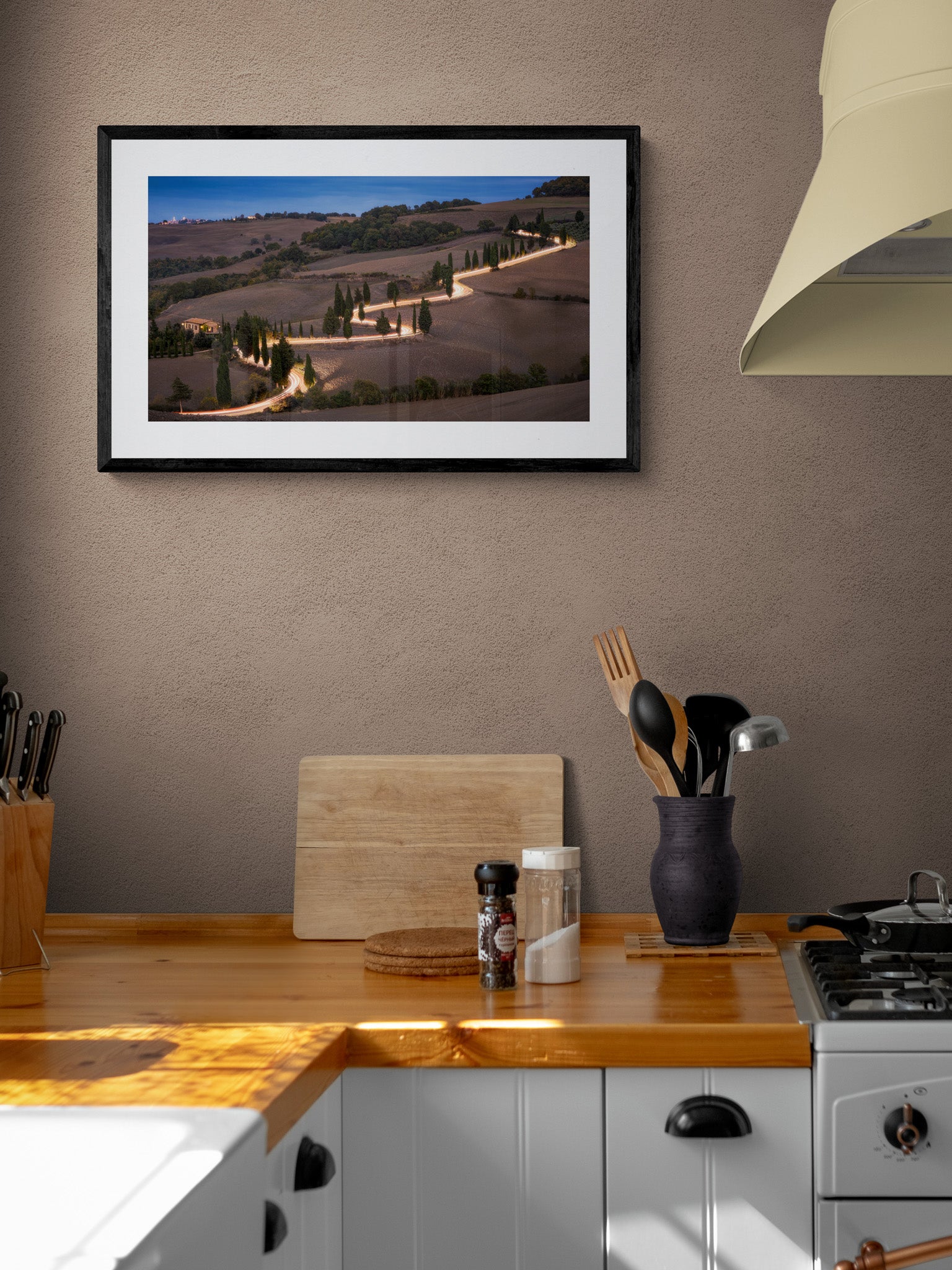 Image Title: Glowing Cypress Road Photographer: Marcus Danz Location: Monticchiello, Italy Image description: Car lights trace the winding course of one of the most beautiful cypress roads in Tuscany, Italy. High quality Fine Art print up to 36 inch / around 90 centimeters on Hahnemühle paper available. Medium variant in kitchen.