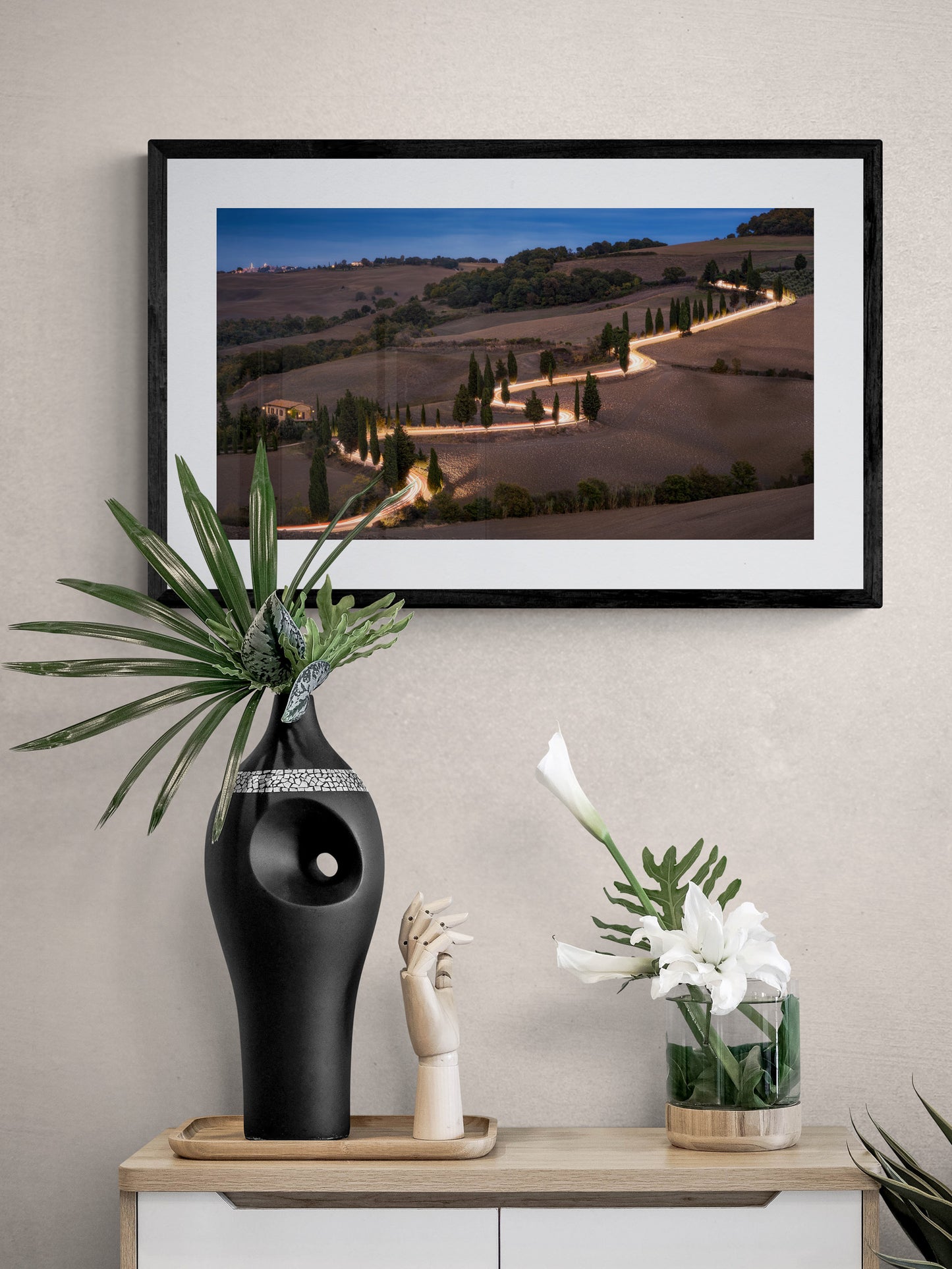 Image Title: Glowing Cypress Road Photographer: Marcus Danz Location: Monticchiello, Italy Image description: Car lights trace the winding course of one of the most beautiful cypress roads in Tuscany, Italy. High quality Fine Art print up to 36 inch / around 90 centimeters on Hahnemühle paper available. Medium variant over sideboard.