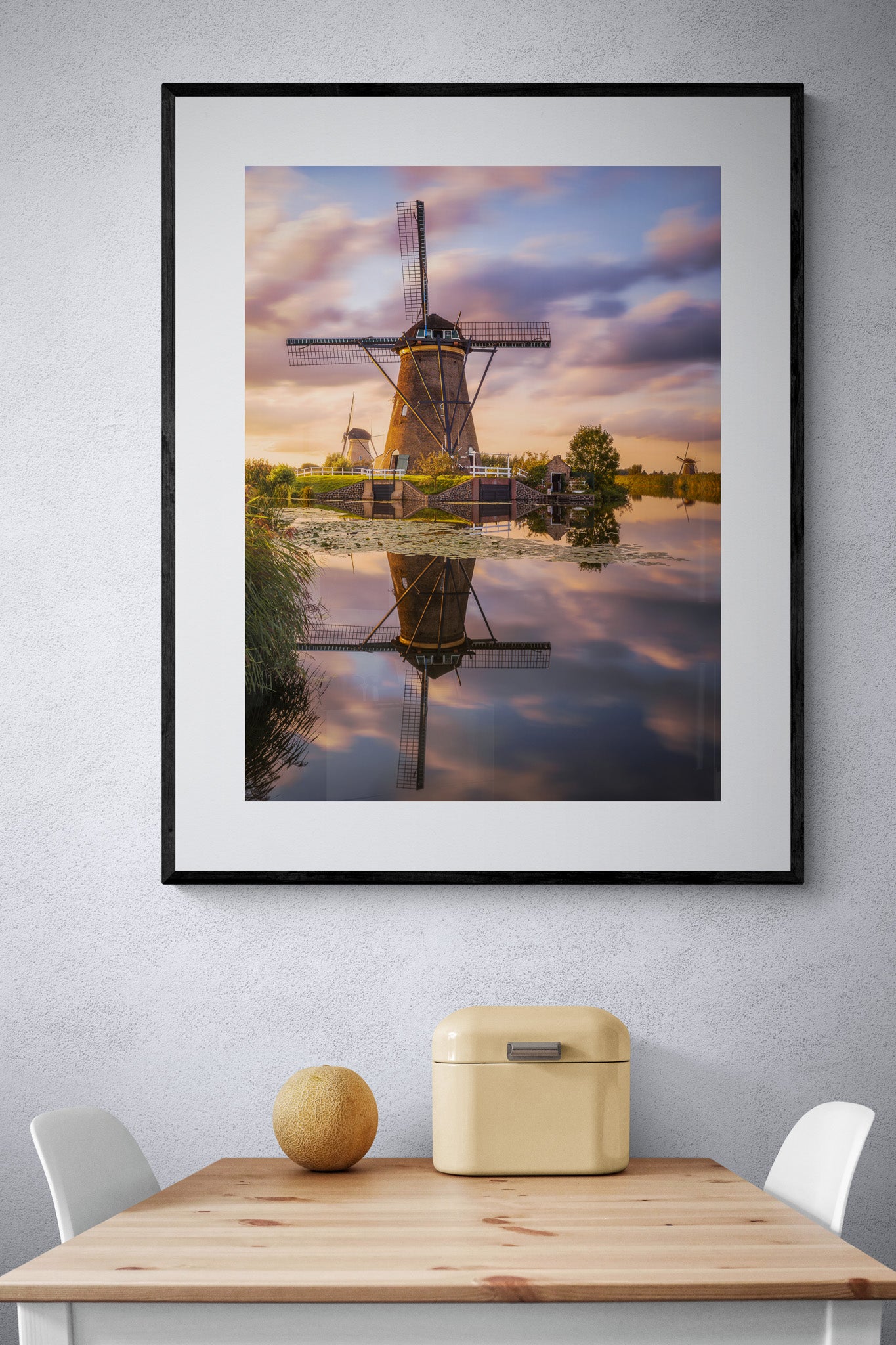 Image Title: Golden Irony Photographer: Marcus Danz Location: Kinderdijk, Netherlands Image description: The iconic windmills in Kinderdijk (Netherlands) present themselves in the warm light of the sunset. High quality Fine Art print up to 36 inch / around 90 centimeters on Hahnemühle paper available. Large variant over kitchen table.