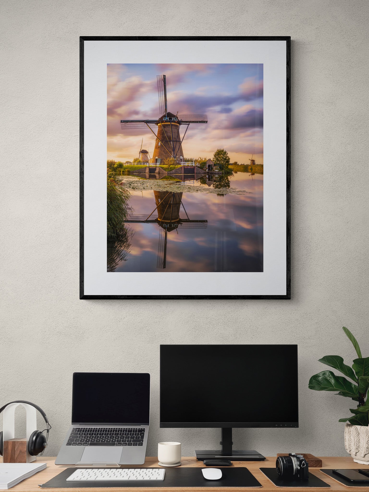 Image Title: Golden Irony Photographer: Marcus Danz Location: Kinderdijk, Netherlands Image description: The iconic windmills in Kinderdijk (Netherlands) present themselves in the warm light of the sunset. High quality Fine Art print up to 36 inch / around 90 centimeters on Hahnemühle paper available. Large variant over computer desk.