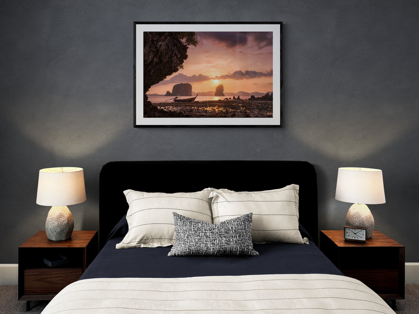 Image Title: Low Tide at Sunset Photographer: Marcus Danz Location: Ko Phak Bia, Thailand  Image description: A wonderful view of Thailand's breathtaking coastal landscape and a longtail boat at sunset. High quality Fine Art print up to 36 inch / around 90 centimeters on Hahnemühle paper available. Large variant in bedroom.