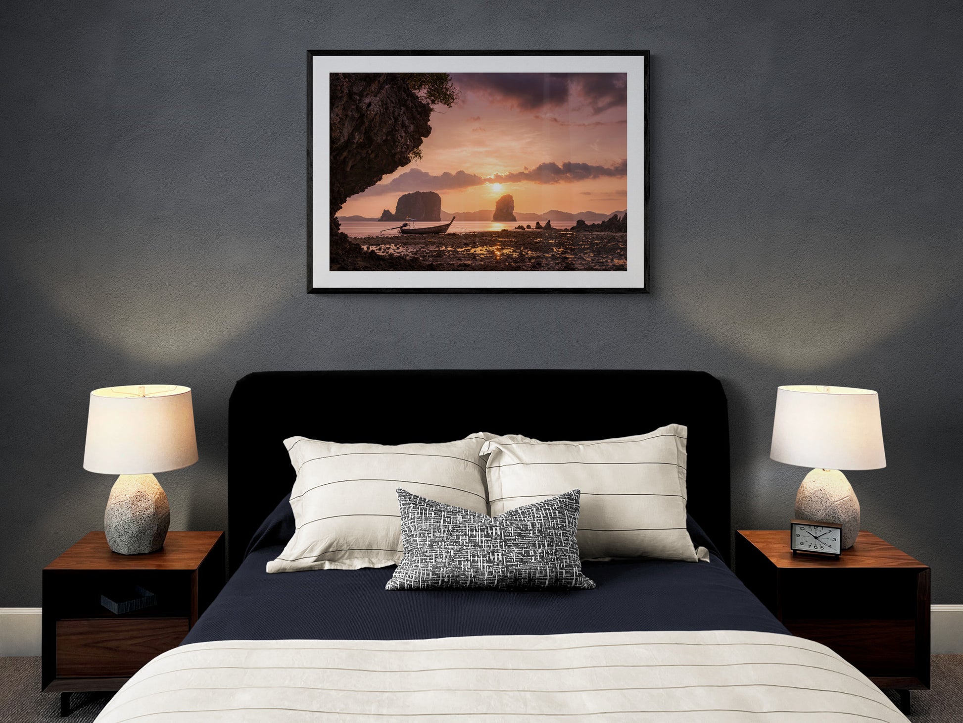 Image Title: Low Tide at Sunset Photographer: Marcus Danz Location: Ko Phak Bia, Thailand  Image description: A wonderful view of Thailand's breathtaking coastal landscape and a longtail boat at sunset. High quality Fine Art print up to 36 inch / around 90 centimeters on Hahnemühle paper available. Large variant in bedroom.