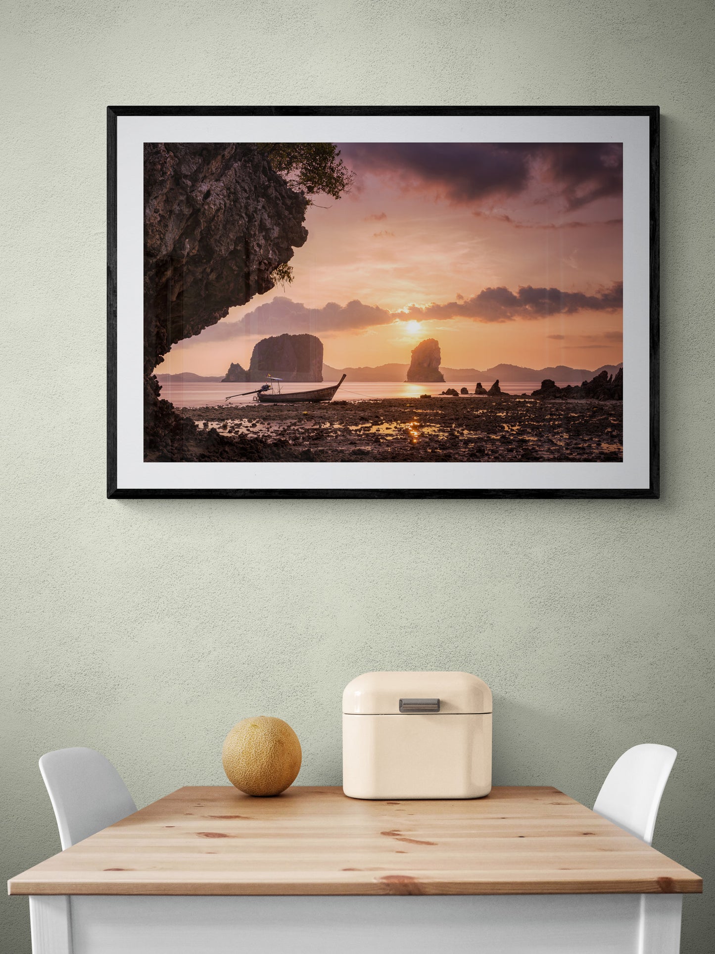 Image Title: Low Tide at Sunset Photographer: Marcus Danz Location: Ko Phak Bia, Thailand  Image description: A wonderful view of Thailand's breathtaking coastal landscape and a longtail boat at sunset. High quality Fine Art print up to 36 inch / around 90 centimeters on Hahnemühle paper available. Large variant over kitchen table.