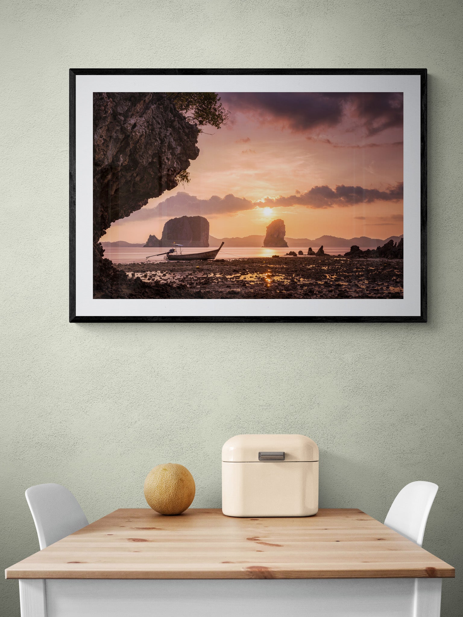 Image Title: Low Tide at Sunset Photographer: Marcus Danz Location: Ko Phak Bia, Thailand  Image description: A wonderful view of Thailand's breathtaking coastal landscape and a longtail boat at sunset. High quality Fine Art print up to 36 inch / around 90 centimeters on Hahnemühle paper available. Large variant over kitchen table.