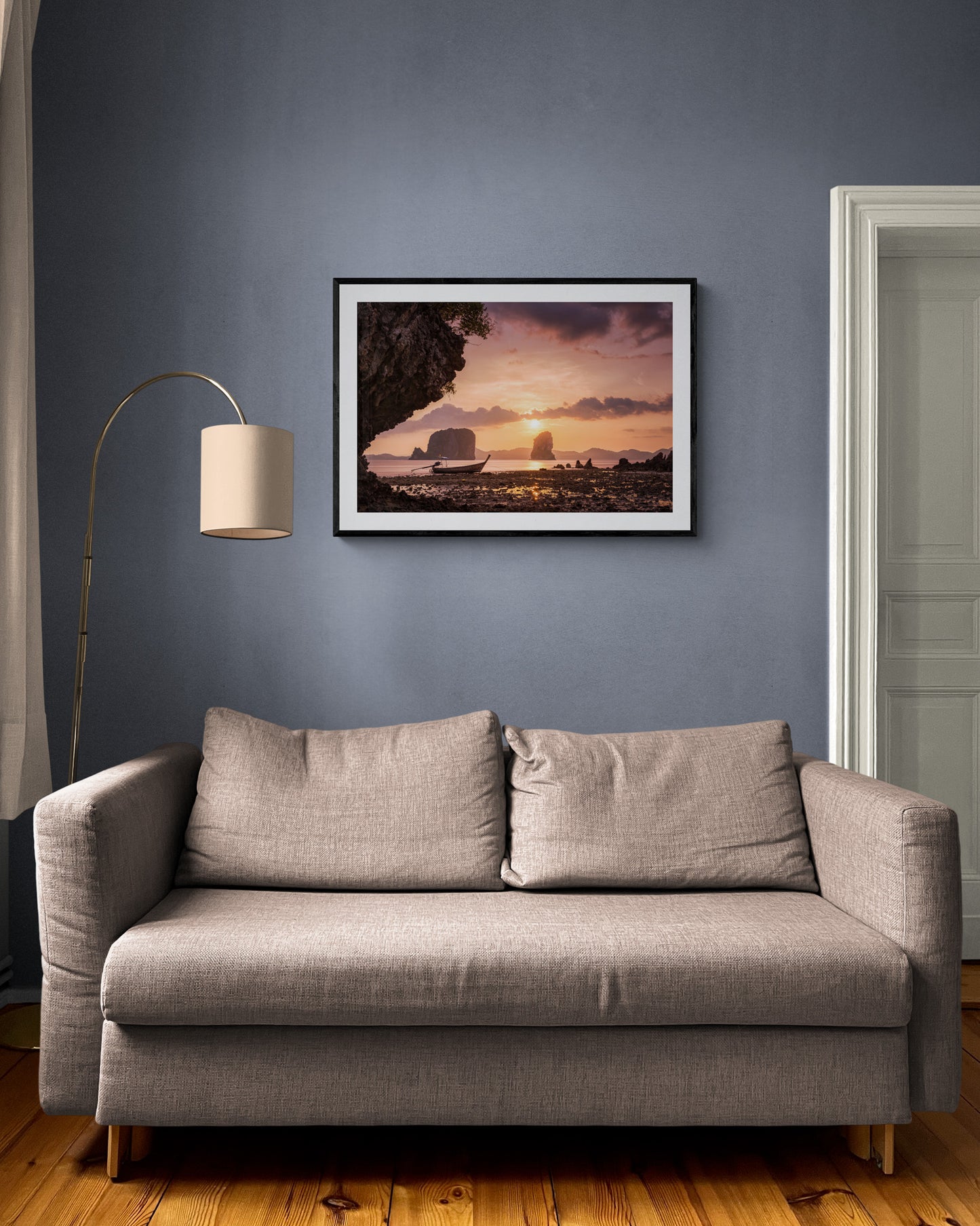 Image Title: Low Tide at Sunset Photographer: Marcus Danz Location: Ko Phak Bia, Thailand  Image description: A wonderful view of Thailand's breathtaking coastal landscape and a longtail boat at sunset. High quality Fine Art print up to 36 inch / around 90 centimeters on Hahnemühle paper available. Large variant in living room.