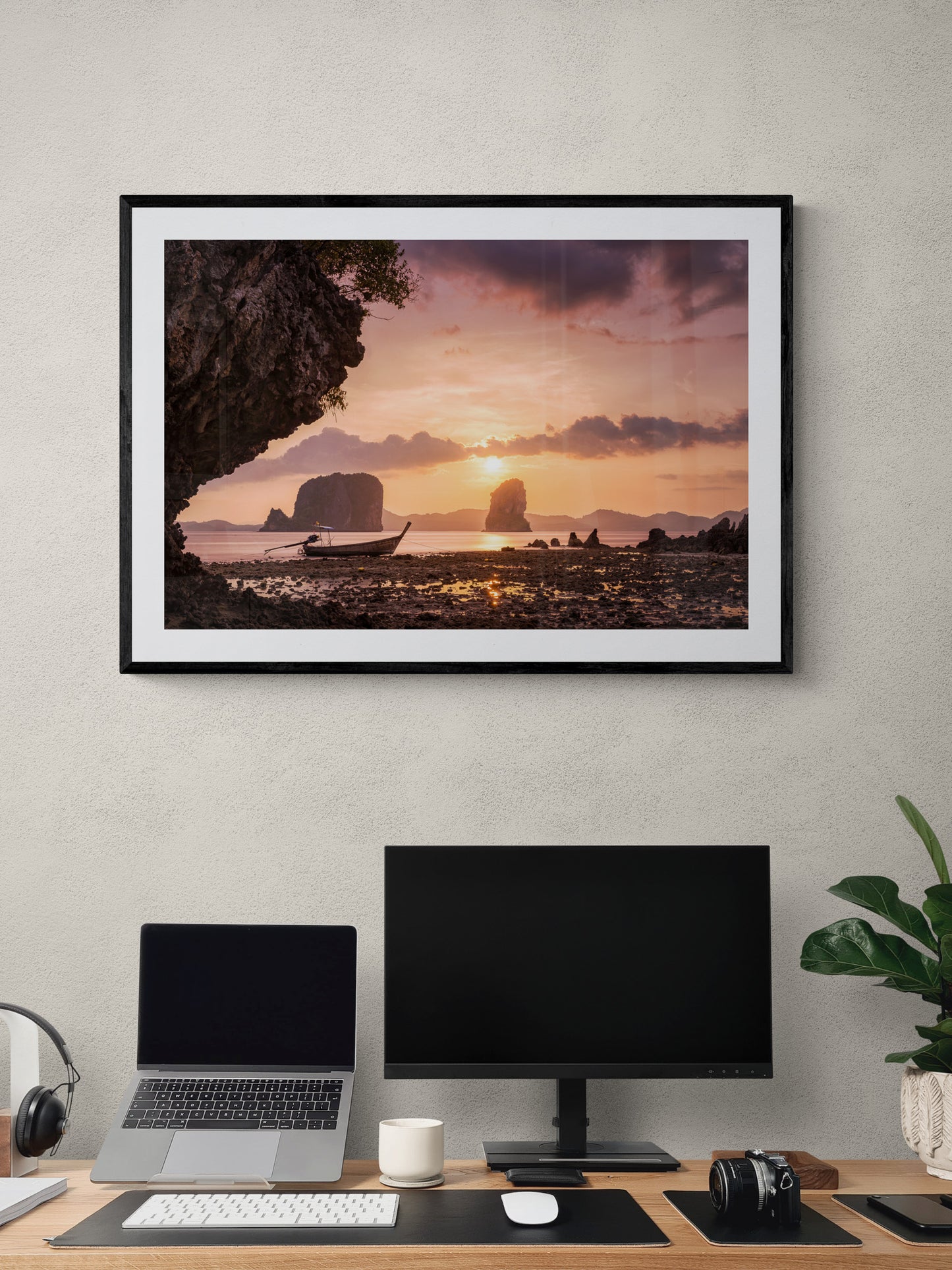 Image Title: Low Tide at Sunset Photographer: Marcus Danz Location: Ko Phak Bia, Thailand  Image description: A wonderful view of Thailand's breathtaking coastal landscape and a longtail boat at sunset. High quality Fine Art print up to 36 inch / around 90 centimeters on Hahnemühle paper available. Large variant over computer desk.