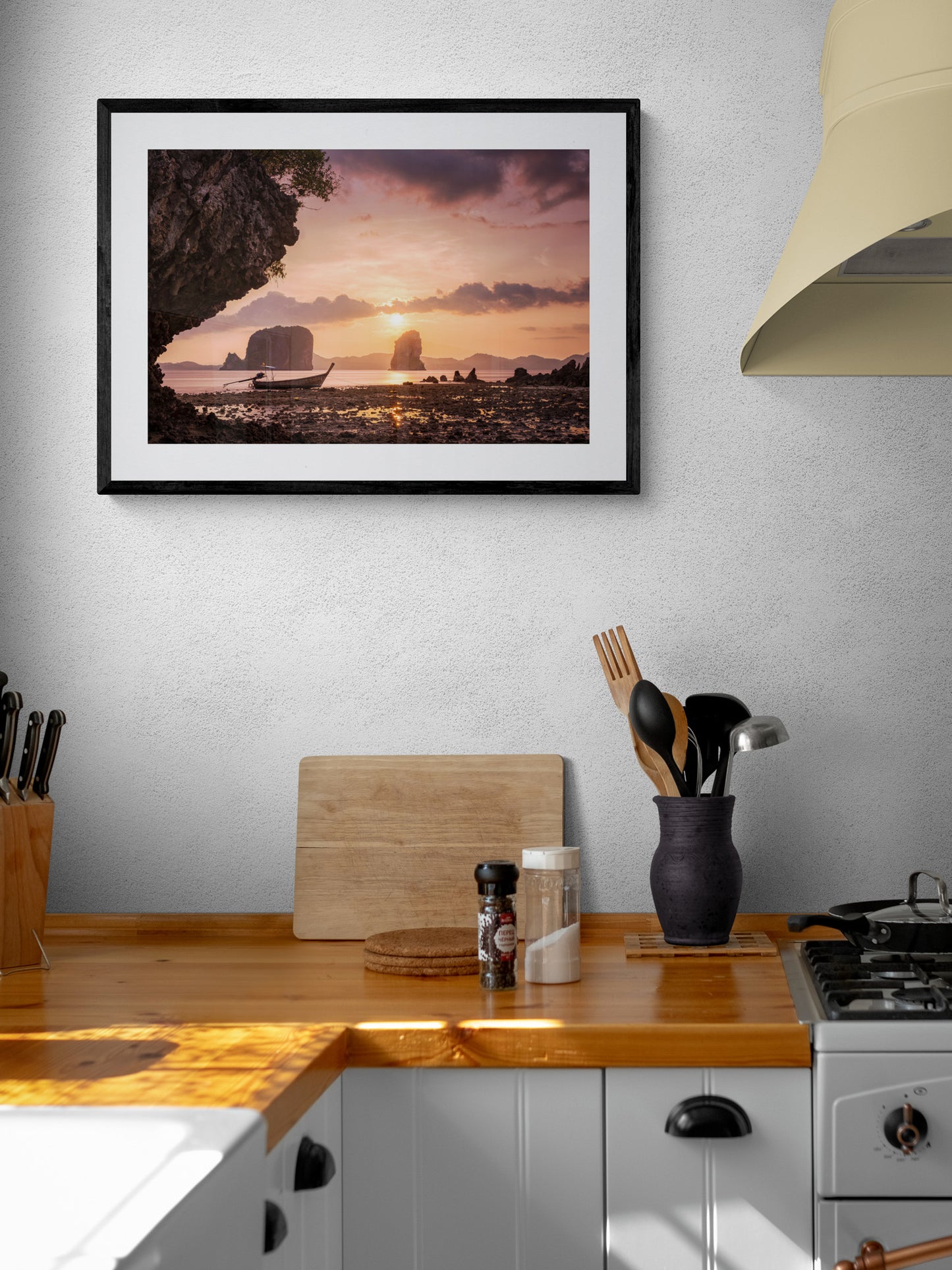 Image Title: Low Tide at Sunset Photographer: Marcus Danz Location: Ko Phak Bia, Thailand  Image description: A wonderful view of Thailand's breathtaking coastal landscape and a longtail boat at sunset. High quality Fine Art print up to 36 inch / around 90 centimeters on Hahnemühle paper available. Medium variant in kitchen.