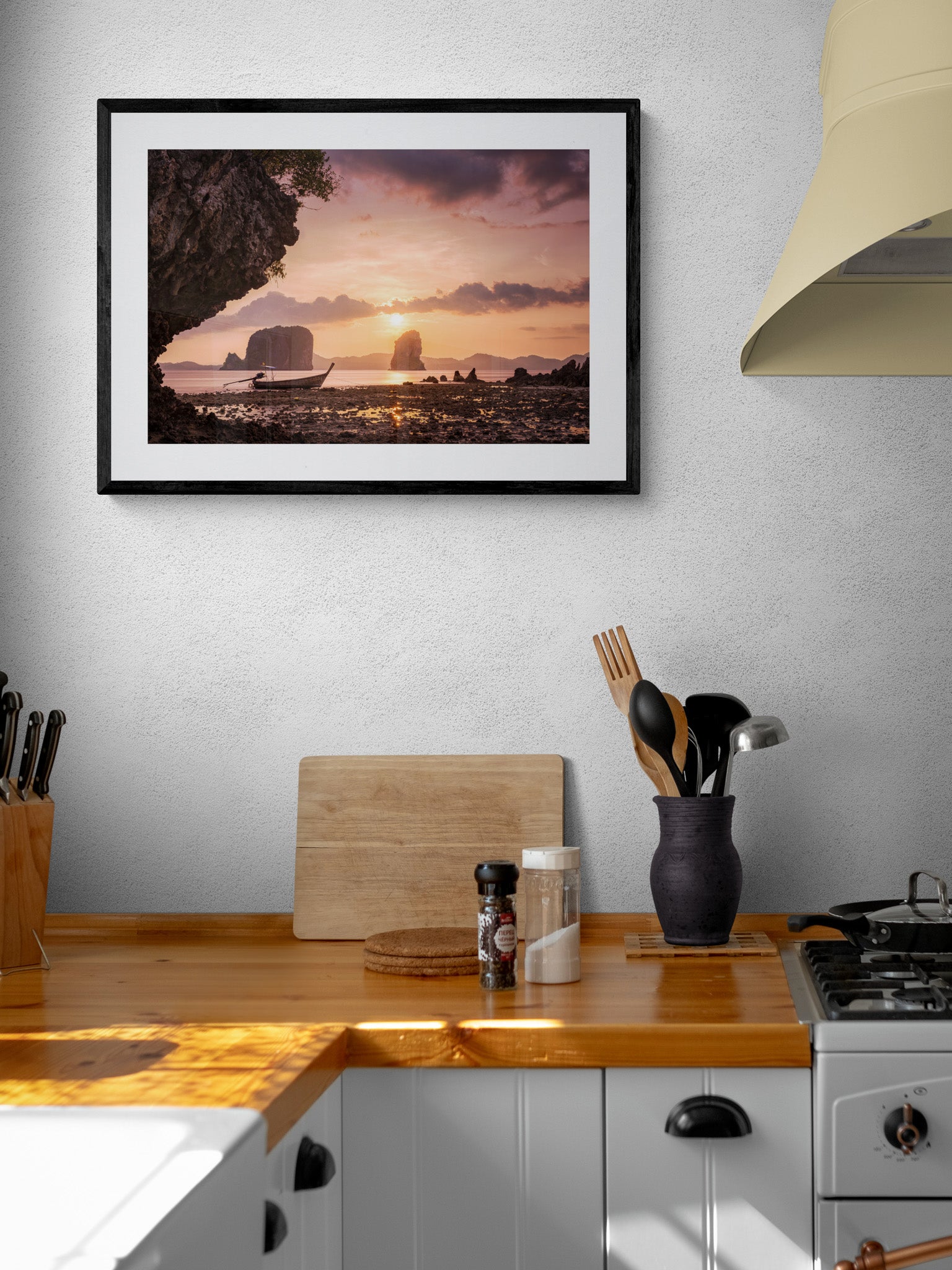 Image Title: Low Tide at Sunset Photographer: Marcus Danz Location: Ko Phak Bia, Thailand  Image description: A wonderful view of Thailand's breathtaking coastal landscape and a longtail boat at sunset. High quality Fine Art print up to 36 inch / around 90 centimeters on Hahnemühle paper available. Medium variant in kitchen.
