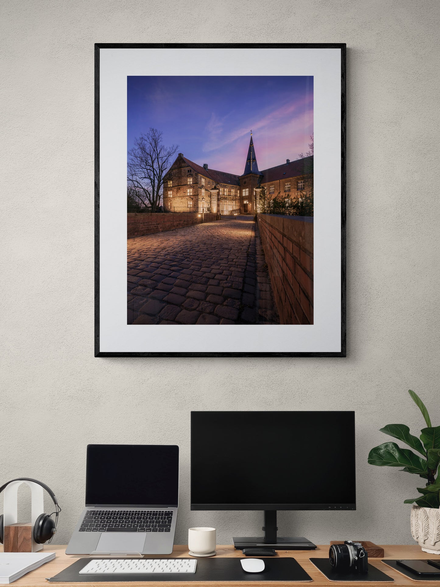 Image Title: Light the Castle Photographer: Marcus Danz Location: Lüdinghausen, Germany Image description: Lüdinghausen Castle is beautifully illuminated on this mild spring evening. High quality Fine Art print up to 36 inch / around 90 centimeters on Hahnemühle paper available. Large variant over computer desk.