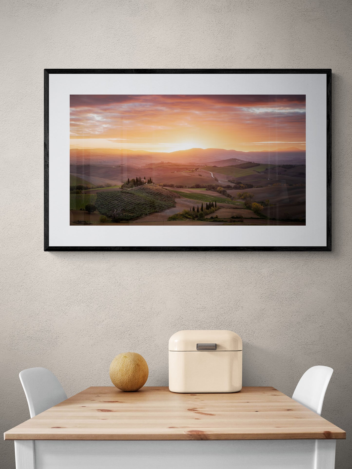 Image Title: Morning Glory Photographer: Marcus Danz Location: Val D'orcia, Italy Image description: The rolling hills of Tuscany and Podere Belvedere are caressed by the soft light of the morning sky. High quality Fine Art print up to 36 inch / around 90 centimeters on Hahnemühle paper available.  Large variant over kitchen table.