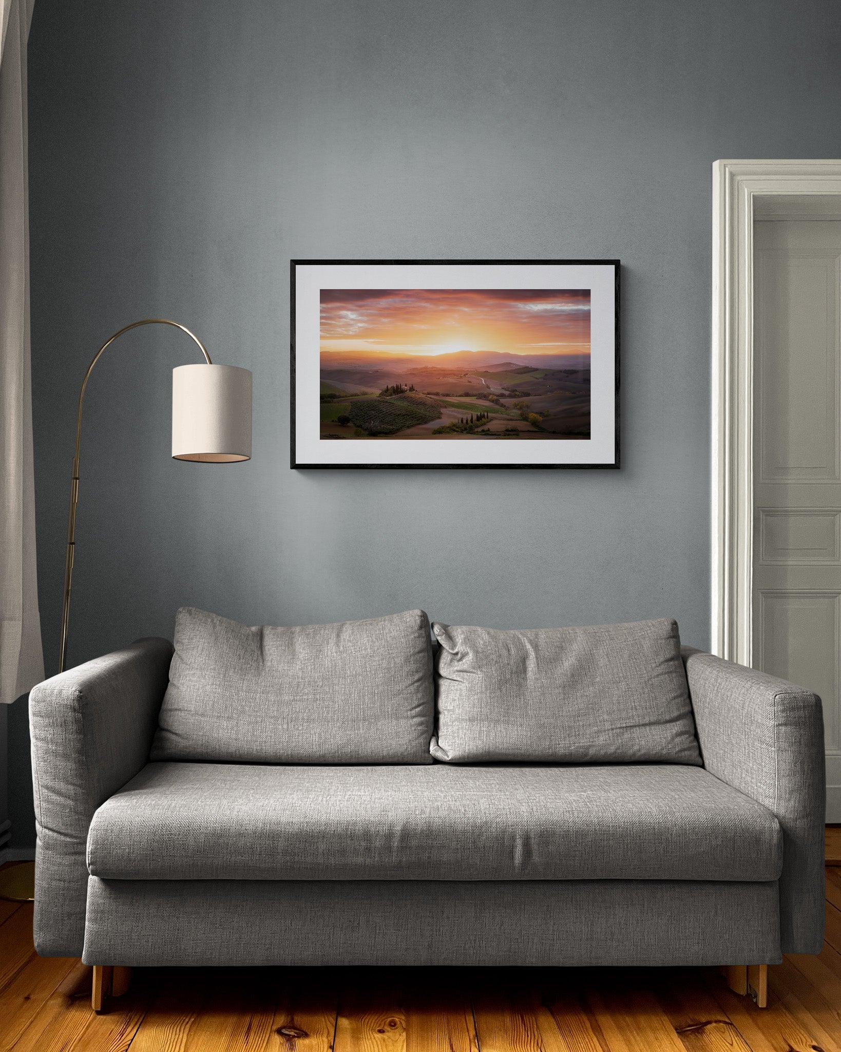 Image Title: Morning Glory Photographer: Marcus Danz Location: Val D'orcia, Italy Image description: The rolling hills of Tuscany and Podere Belvedere are caressed by the soft light of the morning sky. High quality Fine Art print up to 36 inch / around 90 centimeters on Hahnemühle paper available. Large variant in living room.