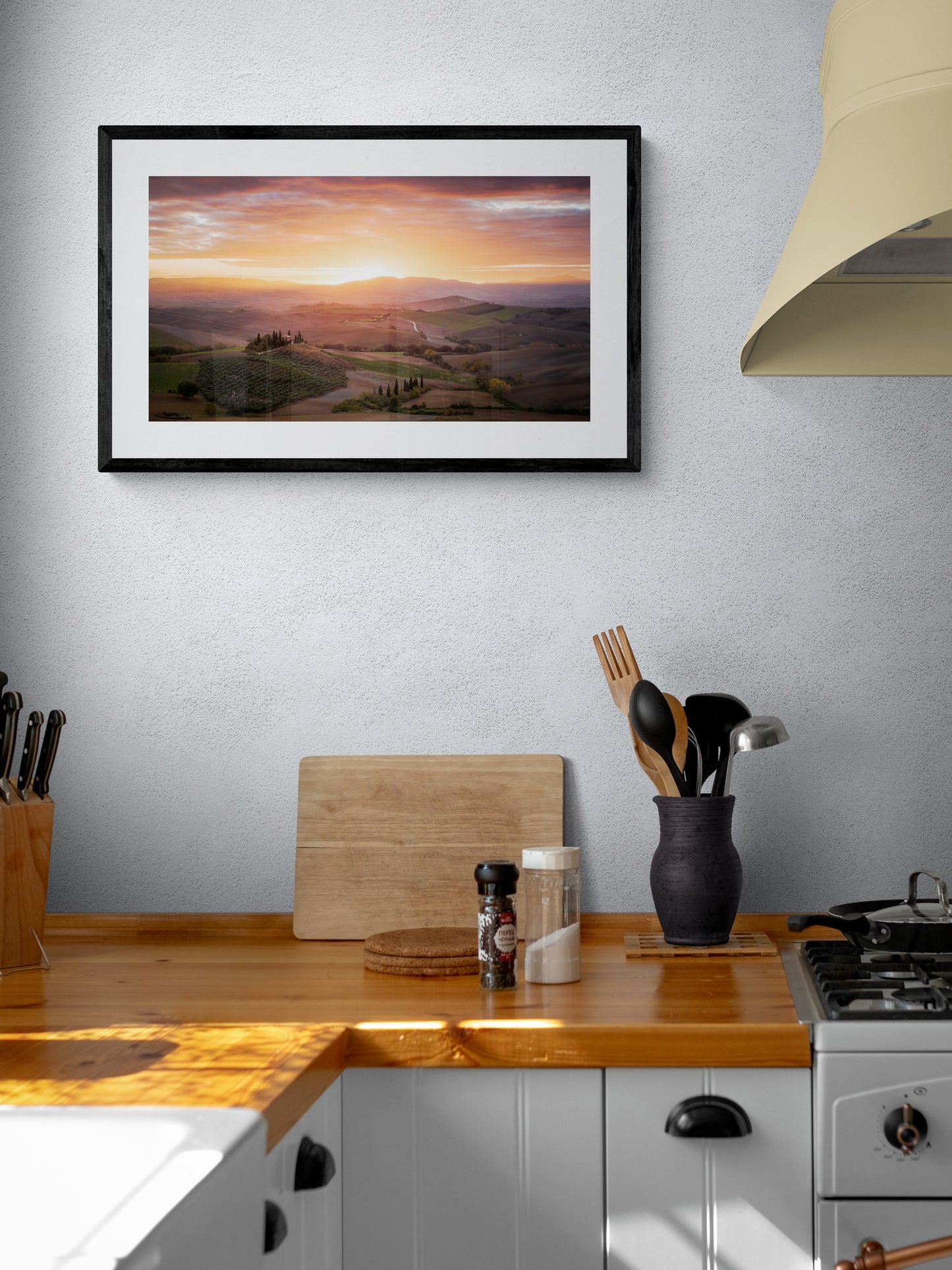 Image Title: Morning Glory Photographer: Marcus Danz Location: Val D'orcia, Italy Image description: The rolling hills of Tuscany and Podere Belvedere are caressed by the soft light of the morning sky. High quality Fine Art print up to 36 inch / around 90 centimeters on Hahnemühle paper available. Medium variant in kitchen.