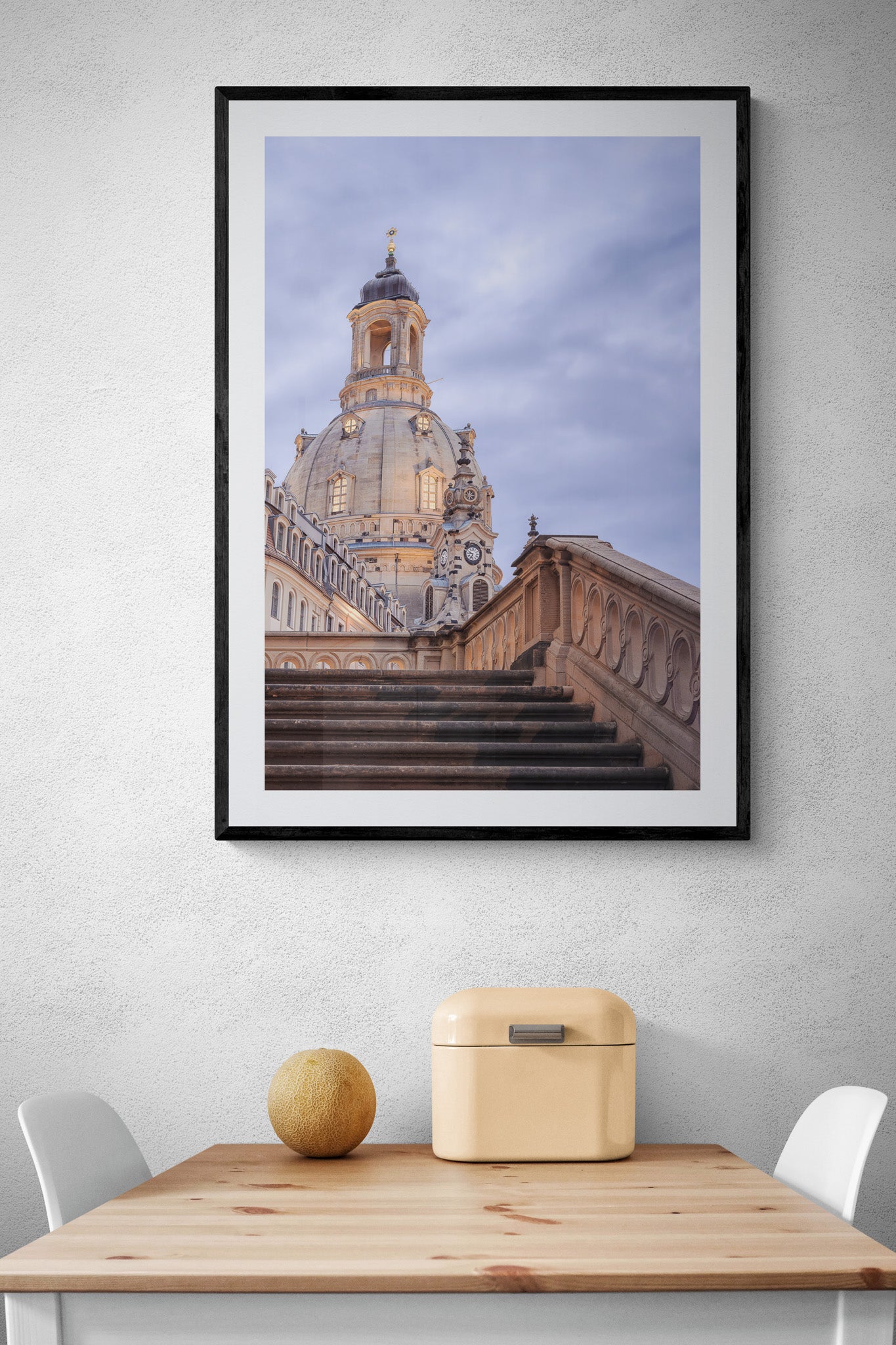Image Title: Stairway to Heaven Photographer: Marcus Danz Location: Dresden, Germany Image description: In the dawning twilight of this summer evening, the illuminated sandstone of Dresden's "Frauenkirche“ contrasts wonderfully with the blue shades of the sky. High quality Fine Art print up to 36 inch / around 90 centimeters on Hahnemühle paper available. Large variant over kitchen table.