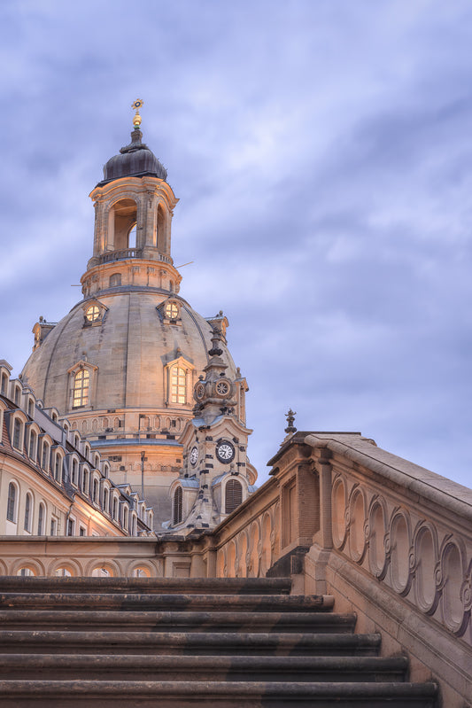 Image Title: Stairway to Heaven Photographer: Marcus Danz Location: Dresden, Germany Image description: In the dawning twilight of this summer evening, the illuminated sandstone of Dresden's "Frauenkirche“ contrasts wonderfully with the blue shades of the sky. High quality Fine Art print up to 36 inch / around 90 centimeters on Hahnemühle paper available.