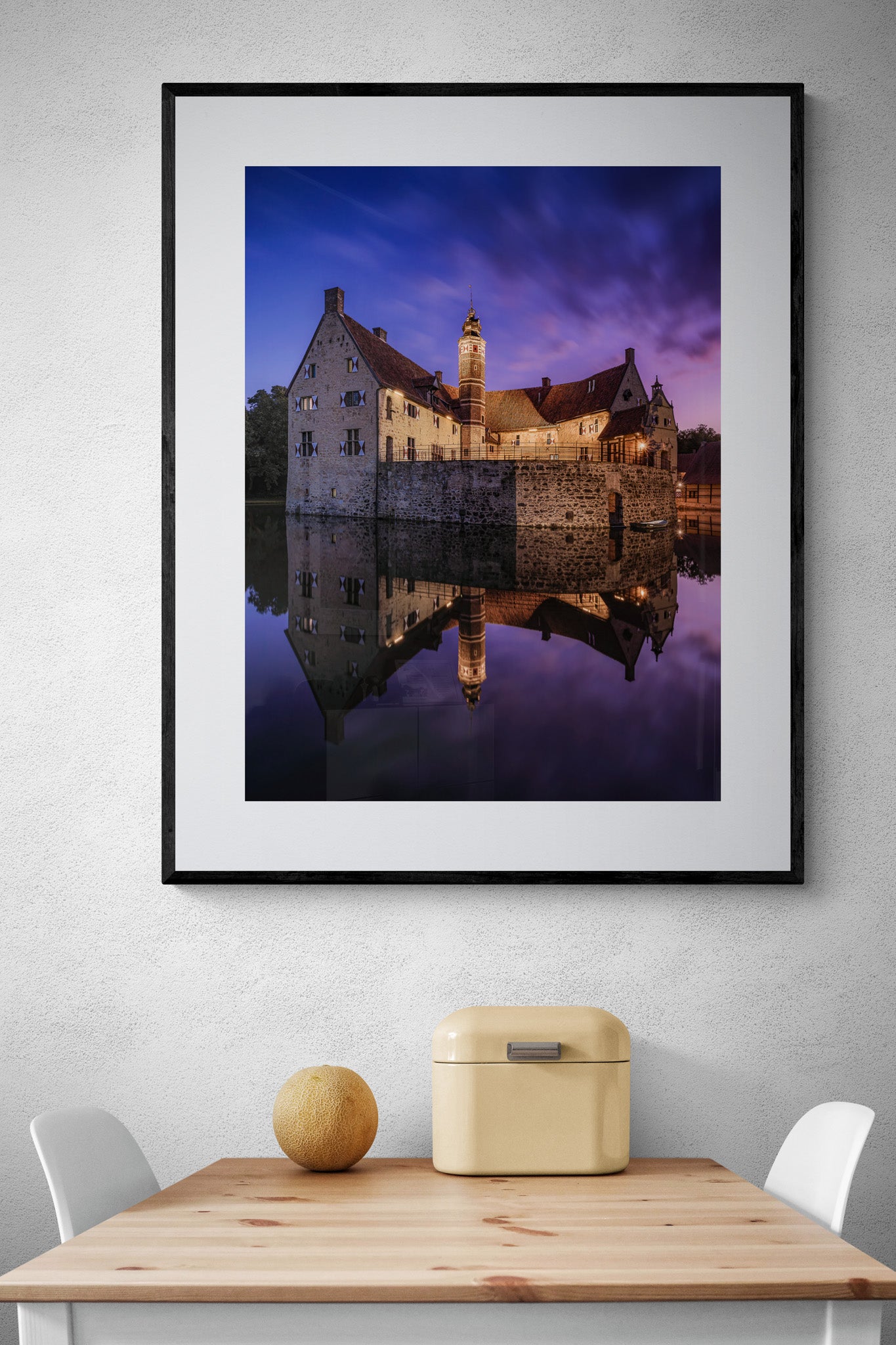 Image Title: Time flies by Photographer: Marcus Danz Location: Lüdinghausen, Germany Image description: Vischering Castle, my home town‘s medieval jewel, shines in all its beauty on this perfect summer evening shortly after sunset. High quality Fine Art print up to 36 inch / around 90 centimeters on Hahnemühle paper available. Large variant over kitchen table.