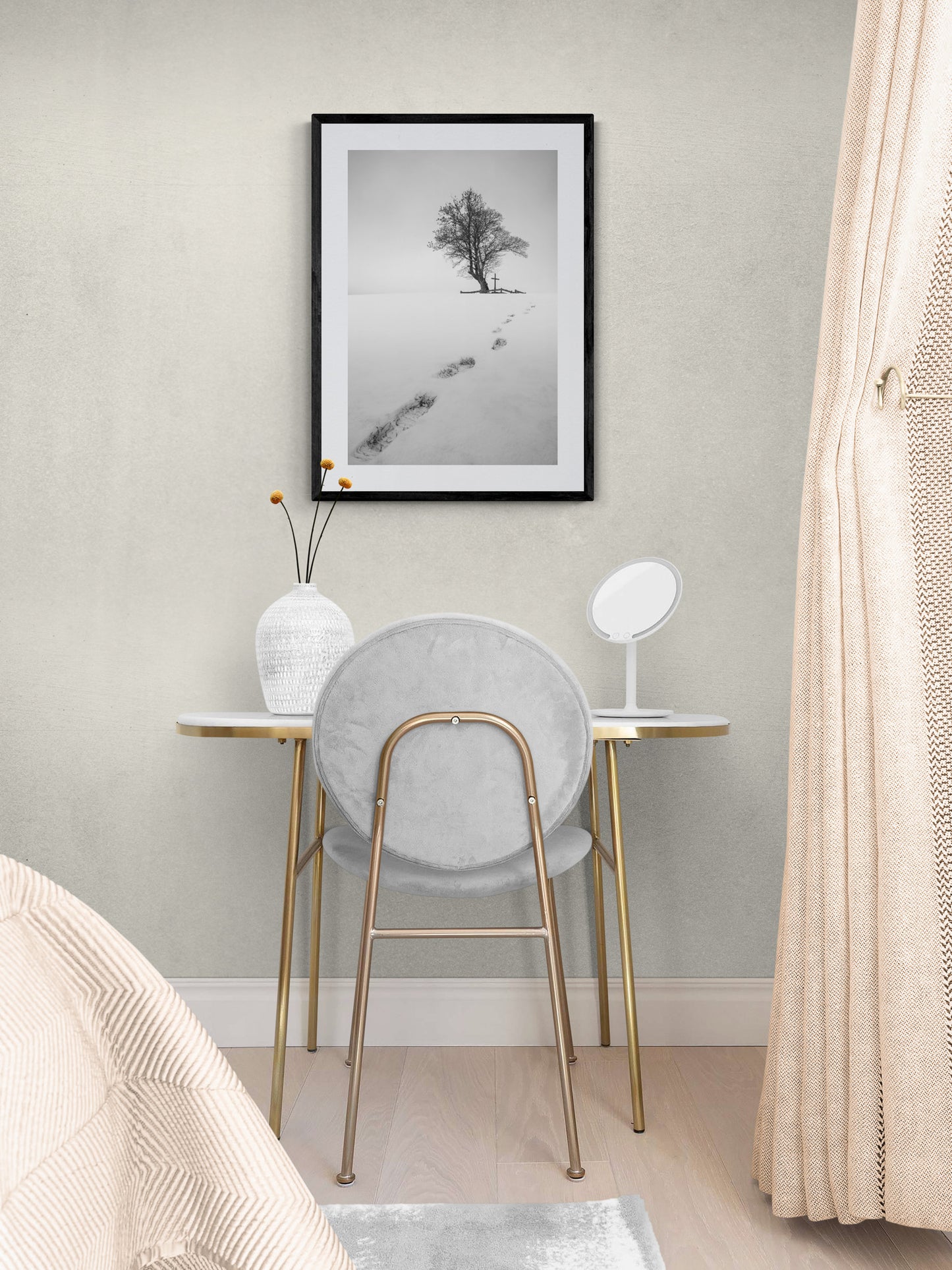 Image Title: The path before you Photographer: Marcus Danz Location: Billerbeck, Germany Image description: Footprints in the snow lead up a hill to a group of trees with a cross. High quality Fine Art print up to 36 inch / around 90 centimeters on Hahnemühle paper available. Medium variant in bedroom.