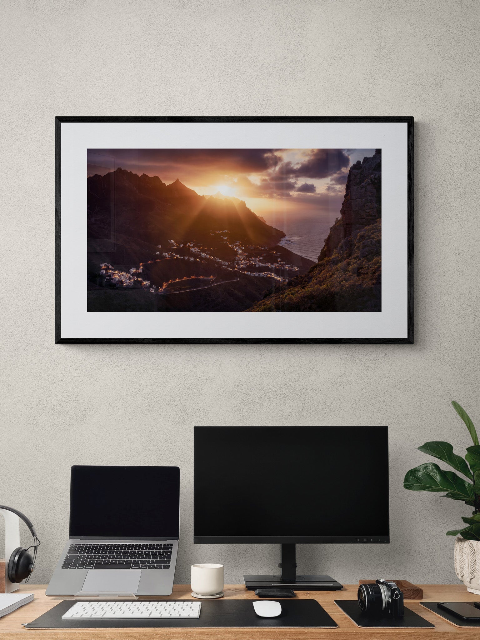 Image Title: The Taganana Twist Photographer: Marcus Danz Location: Tenerife, Spain Image description: Accompanied by the spectacular sunset at the peaks of the Anaga Mountains, the lights of the village of Taganana come to life. High quality Fine Art print up to 36 inch / around 90 centimeters on Hahnemühle paper available. Large variant over computer desk.