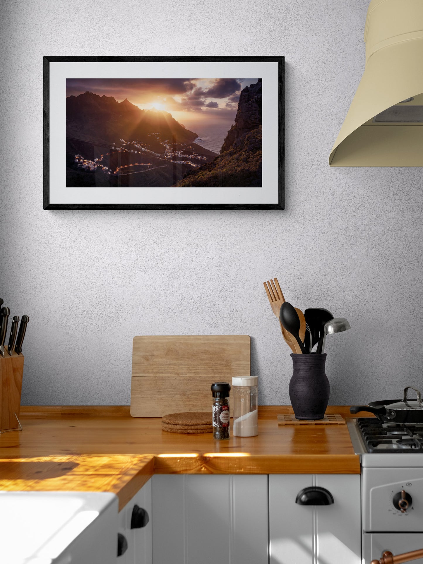Image Title: The Taganana Twist Photographer: Marcus Danz Location: Tenerife, Spain Image description: Accompanied by the spectacular sunset at the peaks of the Anaga Mountains, the lights of the village of Taganana come to life. High quality Fine Art print up to 36 inch / around 90 centimeters on Hahnemühle paper available. Medium variant in kitchen.