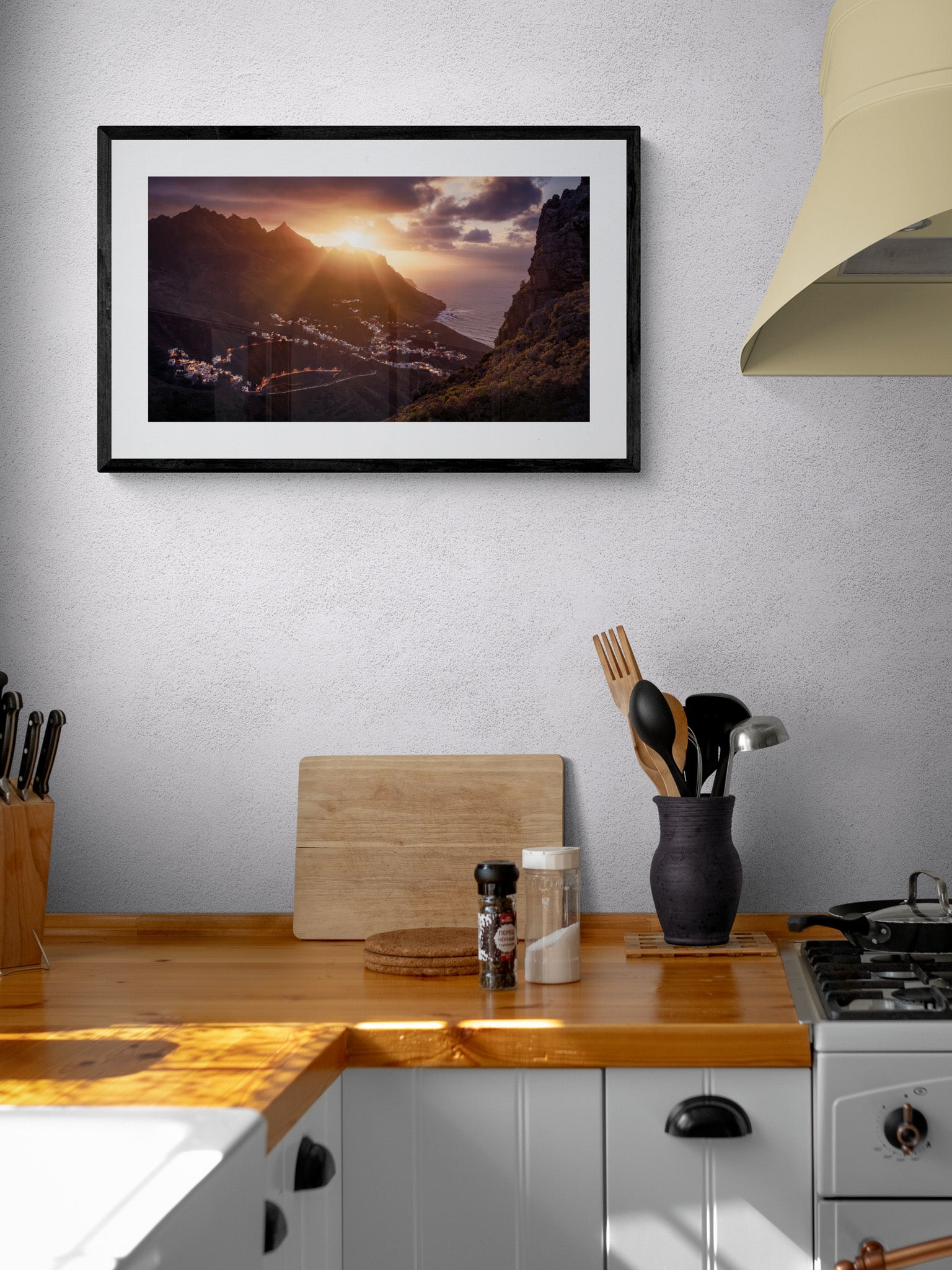 Image Title: The Taganana Twist Photographer: Marcus Danz Location: Tenerife, Spain Image description: Accompanied by the spectacular sunset at the peaks of the Anaga Mountains, the lights of the village of Taganana come to life. High quality Fine Art print up to 36 inch / around 90 centimeters on Hahnemühle paper available. Medium variant in kitchen.