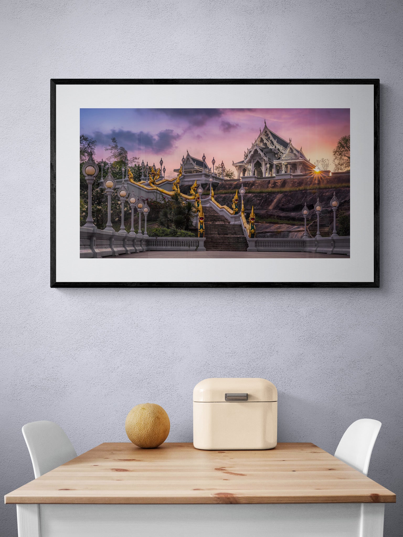 Image Title: The White Temple Photographer: Marcus Danz Location: Krabi, Thailand Image description: Wat Kaew Korawaram, one of the largest local Buddhist temples, appears like an oasis of peace in the last light of the setting sun. High quality Fine Art print up to 36 inch / around 90 centimeters on Hahnemühle paper available. Large variant over kitchen table.