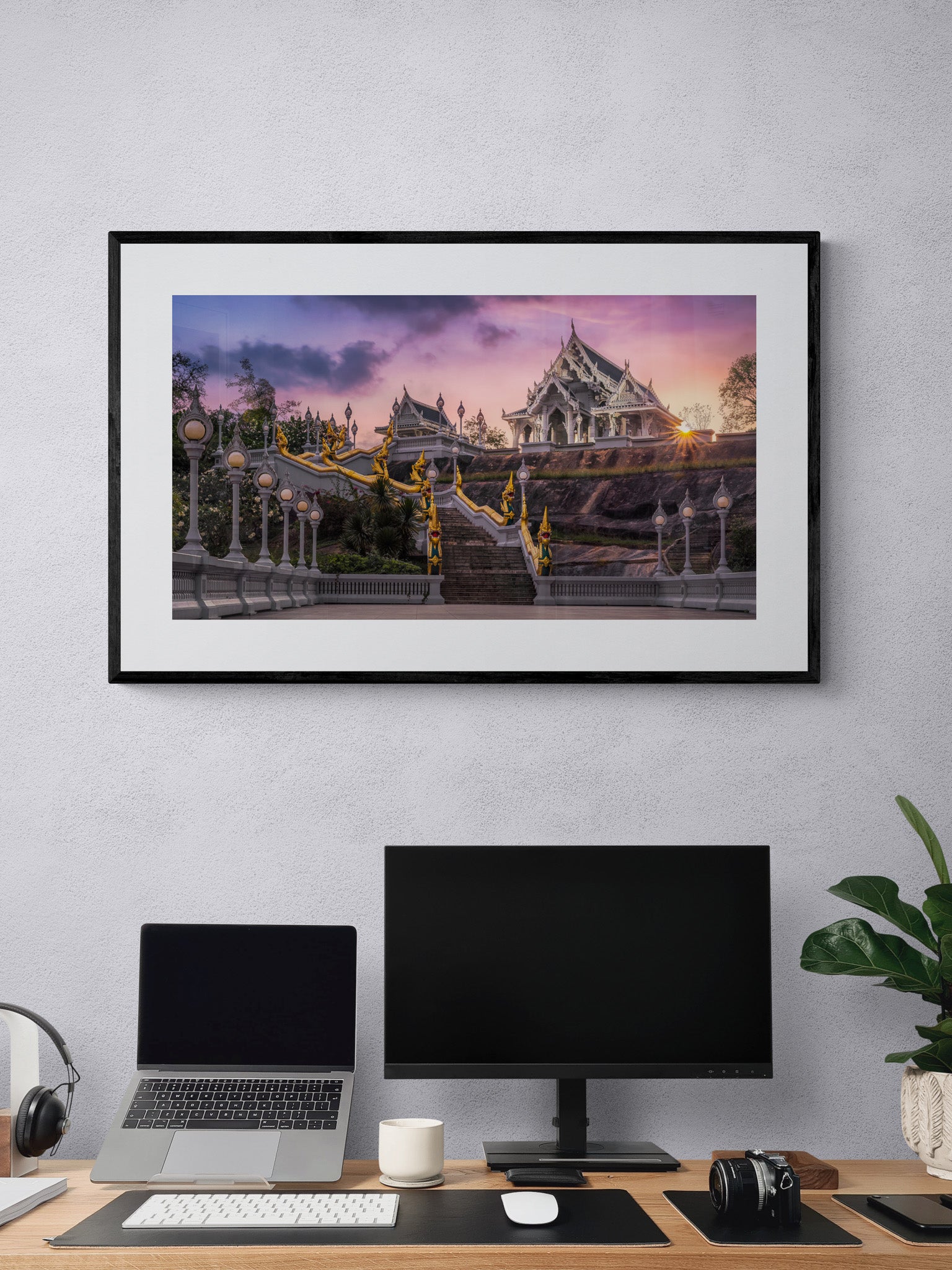 Image Title: The White Temple Photographer: Marcus Danz Location: Krabi, Thailand Image description: Wat Kaew Korawaram, one of the largest local Buddhist temples, appears like an oasis of peace in the last light of the setting sun. High quality Fine Art print up to 36 inch / around 90 centimeters on Hahnemühle paper available. Large variant over computer desk.