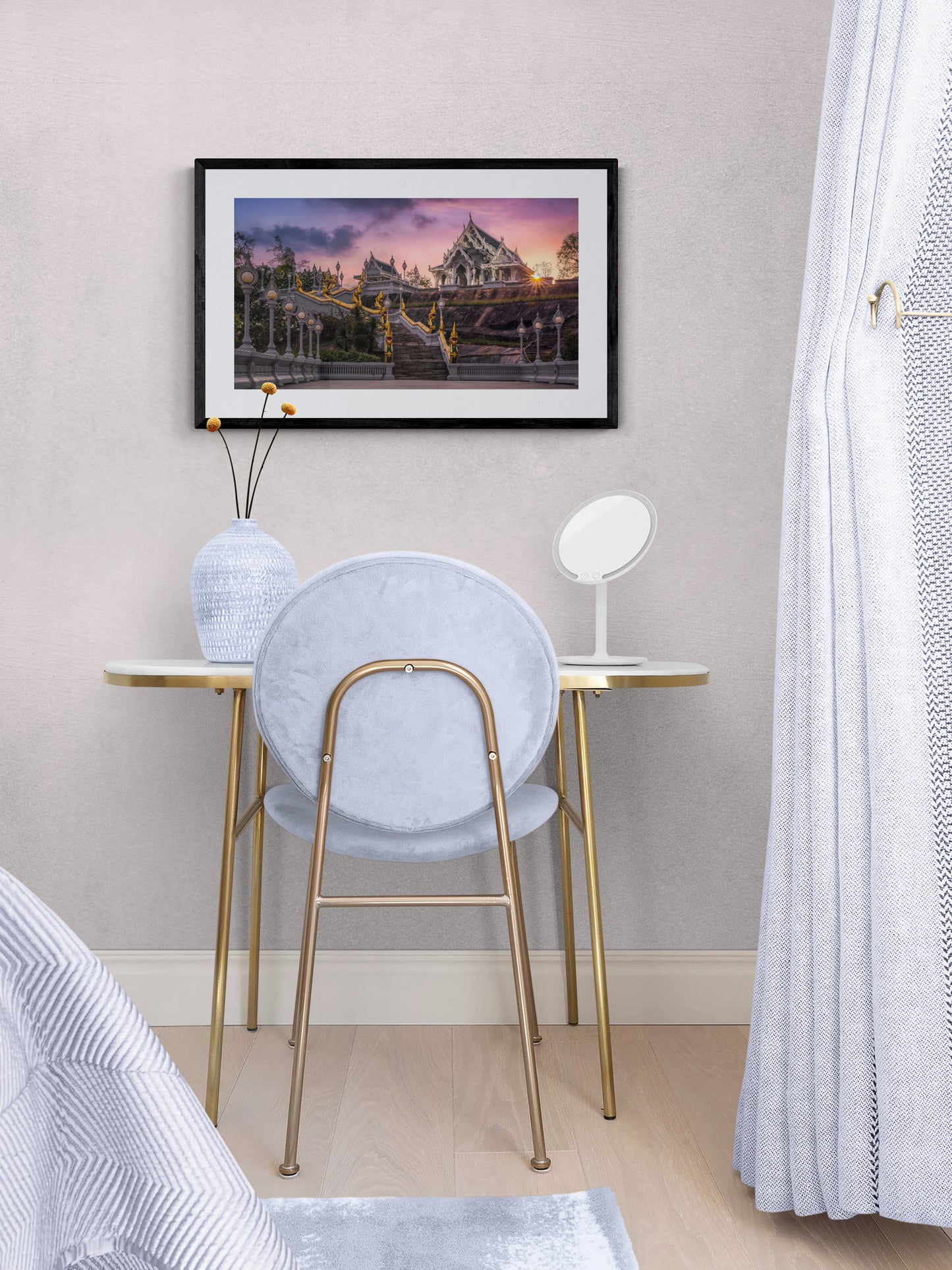 Image Title: The White Temple Photographer: Marcus Danz Location: Krabi, Thailand Image description: Wat Kaew Korawaram, one of the largest local Buddhist temples, appears like an oasis of peace in the last light of the setting sun. High quality Fine Art print up to 36 inch / around 90 centimeters on Hahnemühle paper available. Medium variant in bedroom.