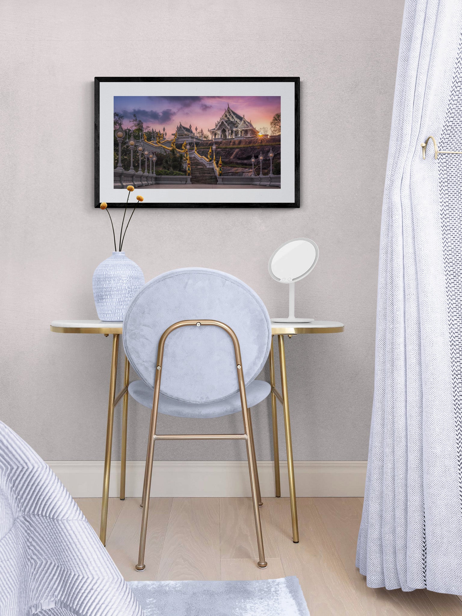Image Title: The White Temple Photographer: Marcus Danz Location: Krabi, Thailand Image description: Wat Kaew Korawaram, one of the largest local Buddhist temples, appears like an oasis of peace in the last light of the setting sun. High quality Fine Art print up to 36 inch / around 90 centimeters on Hahnemühle paper available. Medium variant in bedroom.
