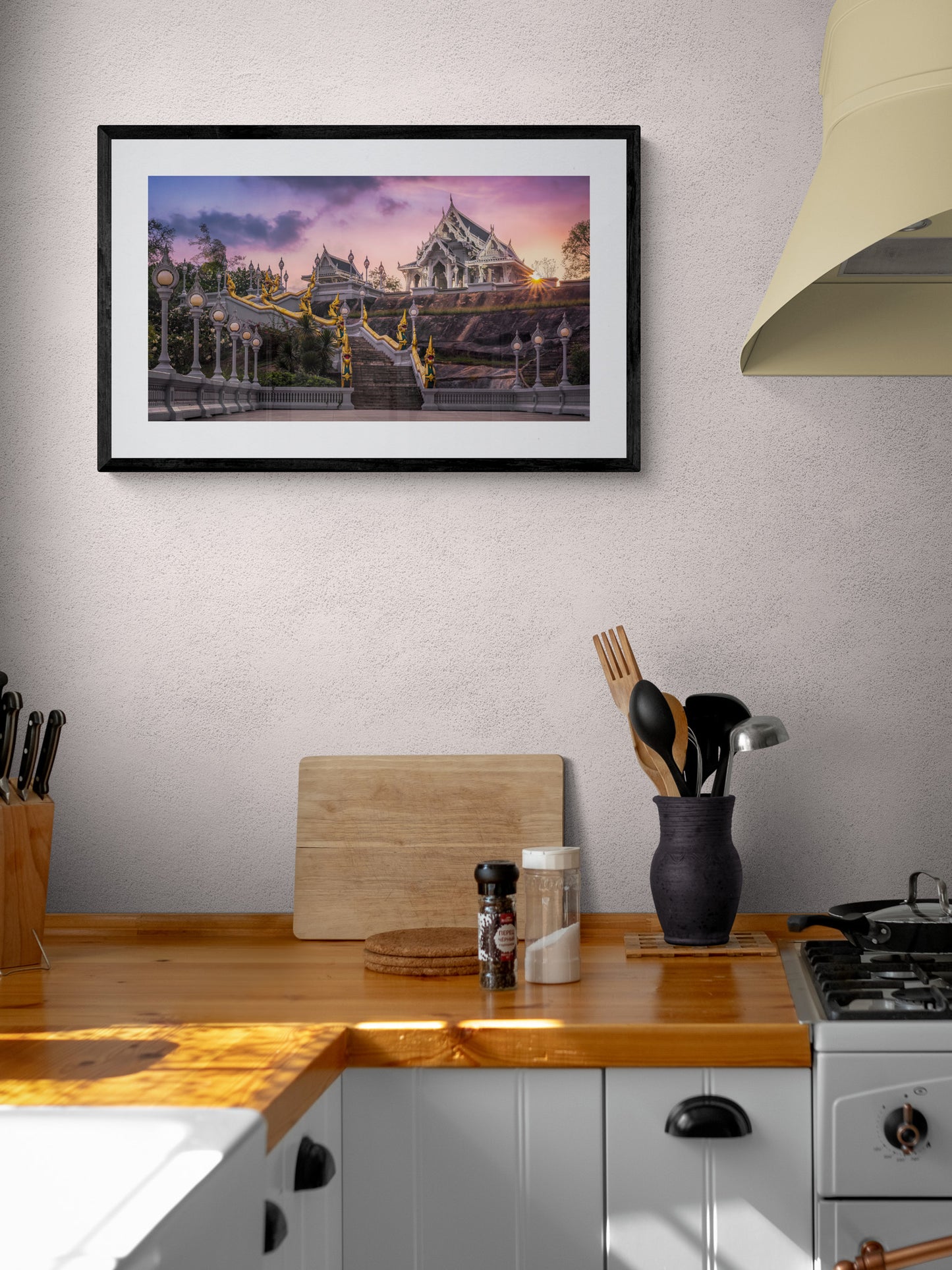 Image Title: The White Temple Photographer: Marcus Danz Location: Krabi, Thailand Image description: Wat Kaew Korawaram, one of the largest local Buddhist temples, appears like an oasis of peace in the last light of the setting sun. High quality Fine Art print up to 36 inch / around 90 centimeters on Hahnemühle paper available. Medium variant in kitchen.