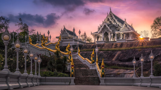 Image Title: The White Temple Photographer: Marcus Danz Location: Krabi, Thailand Image description: Wat Kaew Korawaram, one of the largest local Buddhist temples, appears like an oasis of peace in the last light of the setting sun. High quality Fine Art print up to 36 inch / around 90 centimeters on Hahnemühle paper available.